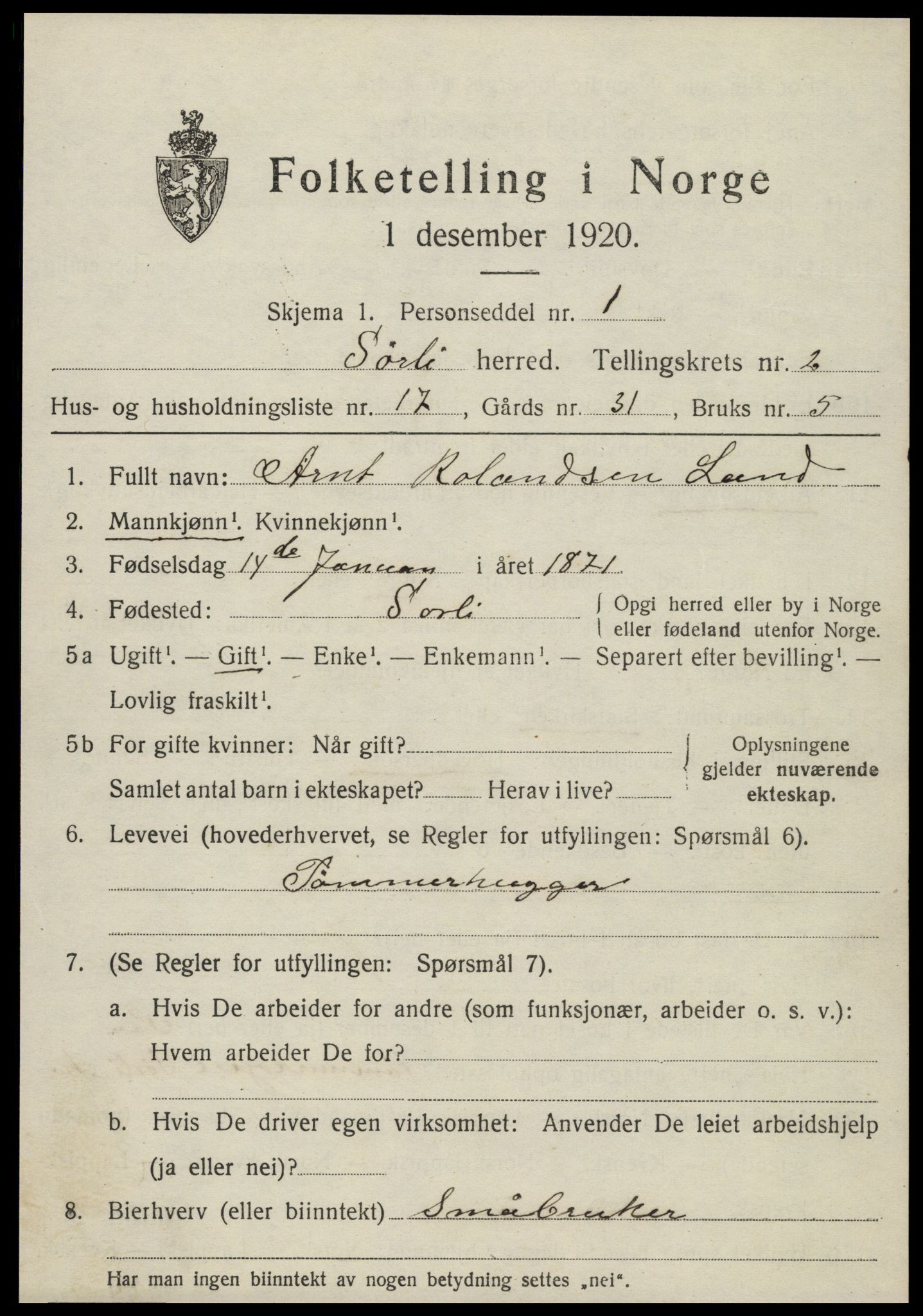 SAT, 1920 census for Sørli, 1920, p. 1053