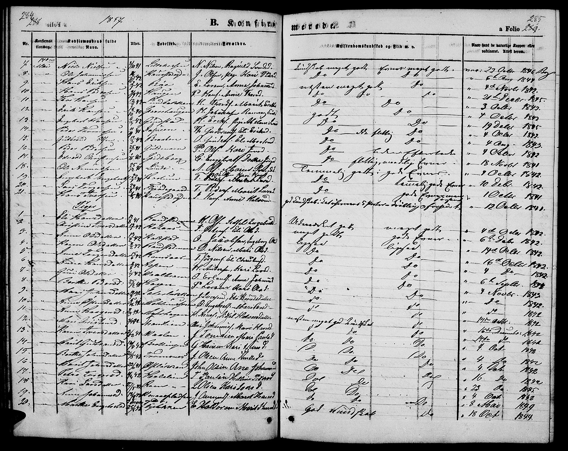 Ringebu prestekontor, SAH/PREST-082/H/Ha/Hab/L0003: Parish register (copy) no. 3, 1854-1866, p. 284-285