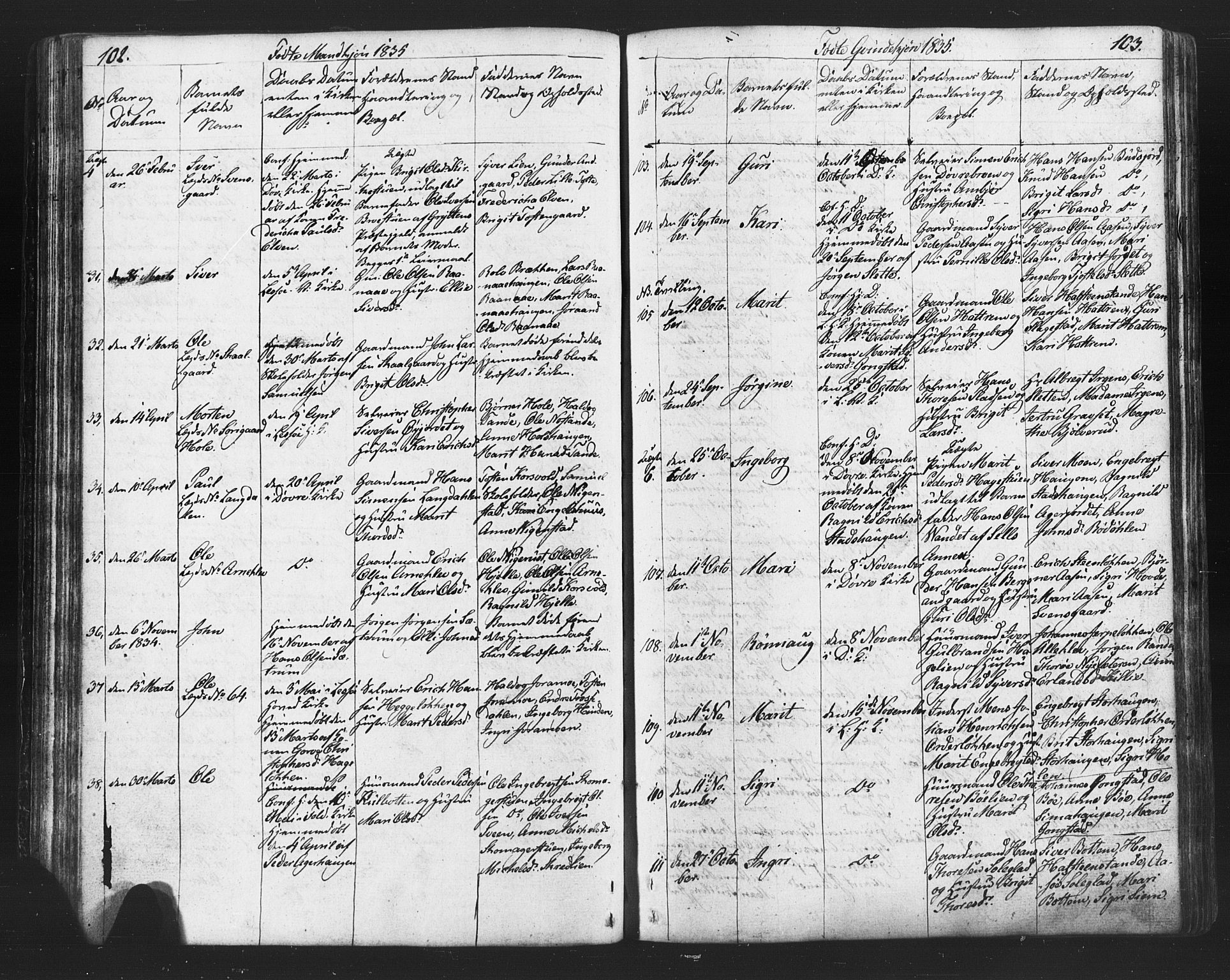 Lesja prestekontor, AV/SAH-PREST-068/H/Ha/Hab/L0002: Parish register (copy) no. 2, 1832-1850, p. 102-103