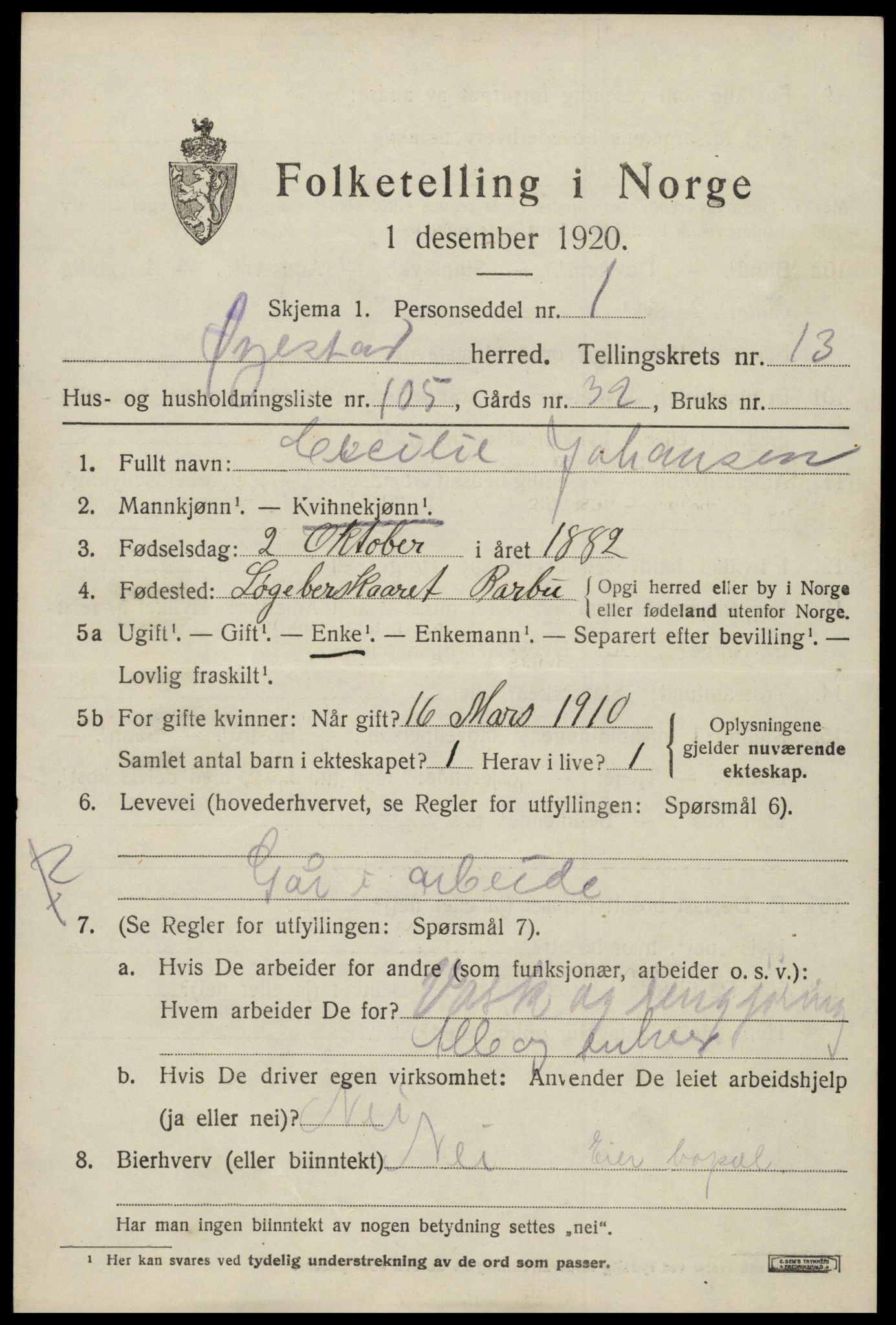 SAK, 1920 census for Øyestad, 1920, p. 9236