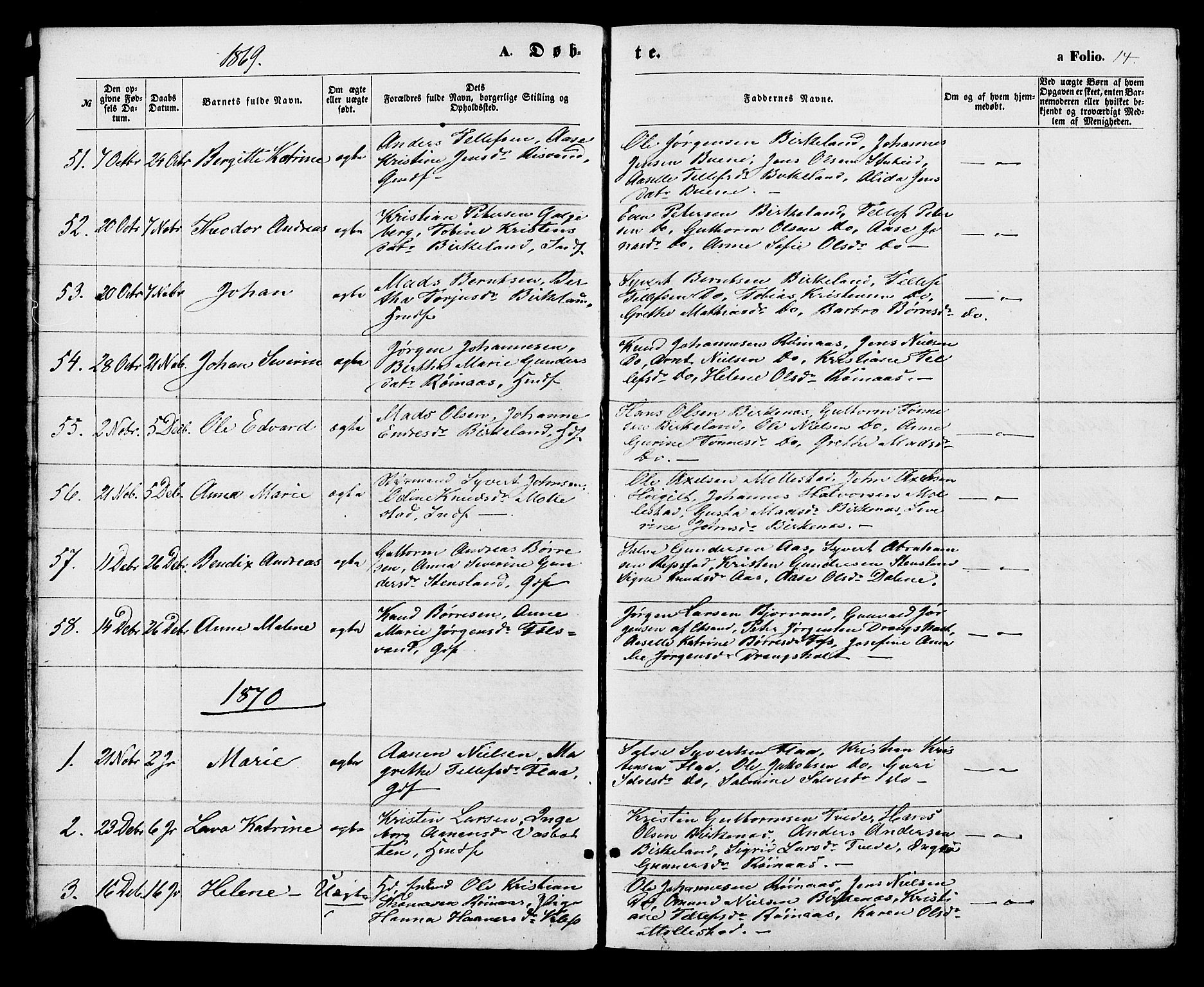 Birkenes sokneprestkontor, SAK/1111-0004/F/Fa/L0004: Parish register (official) no. A 4, 1867-1886, p. 14