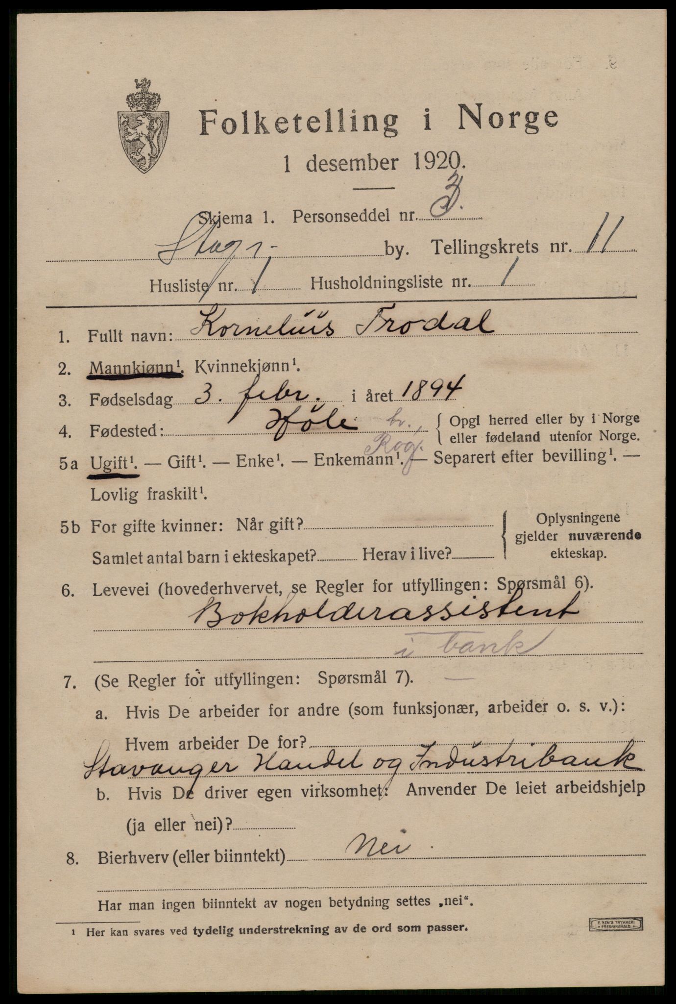 SAST, 1920 census for Stavanger, 1920, p. 53650