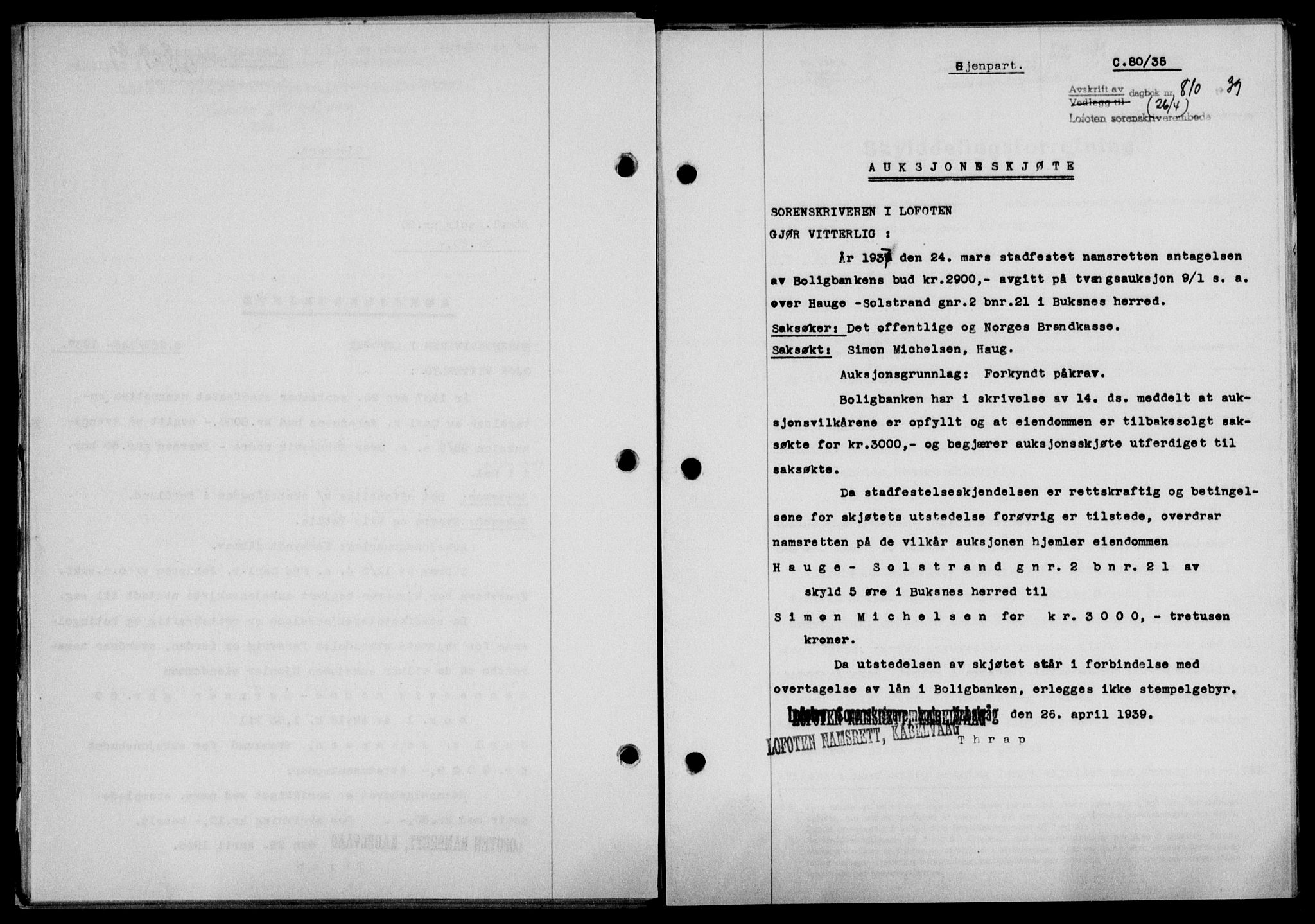 Lofoten sorenskriveri, SAT/A-0017/1/2/2C/L0005a: Mortgage book no. 5a, 1939-1939, Diary no: : 810/1939