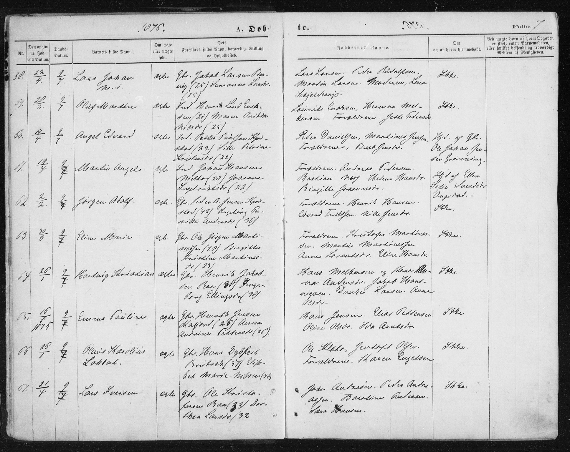 Ministerialprotokoller, klokkerbøker og fødselsregistre - Nordland, AV/SAT-A-1459/888/L1243: Parish register (official) no. 888A09, 1876-1879, p. 7