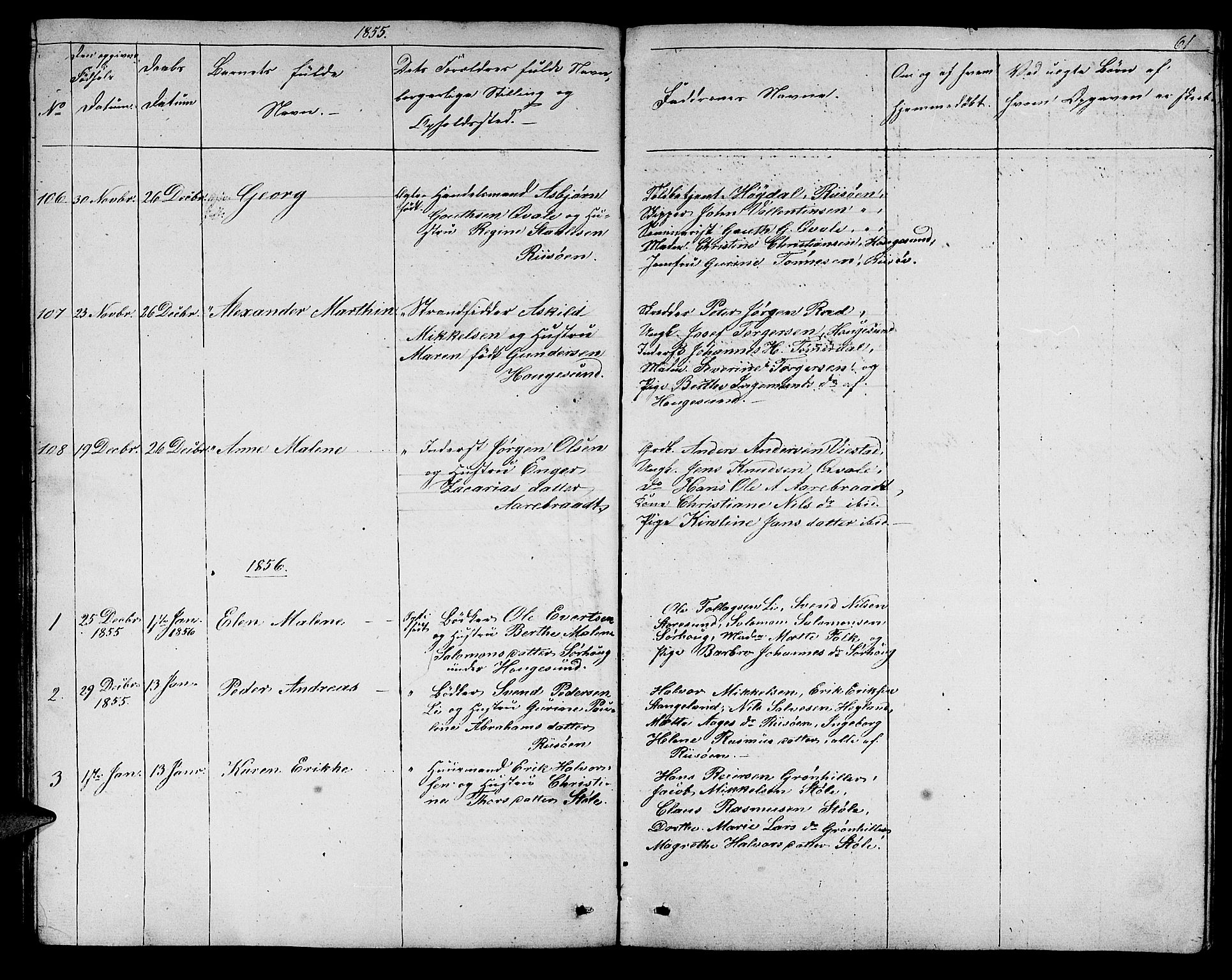 Torvastad sokneprestkontor, SAST/A -101857/H/Ha/Hab/L0004: Parish register (copy) no. B 4, 1850-1864, p. 61