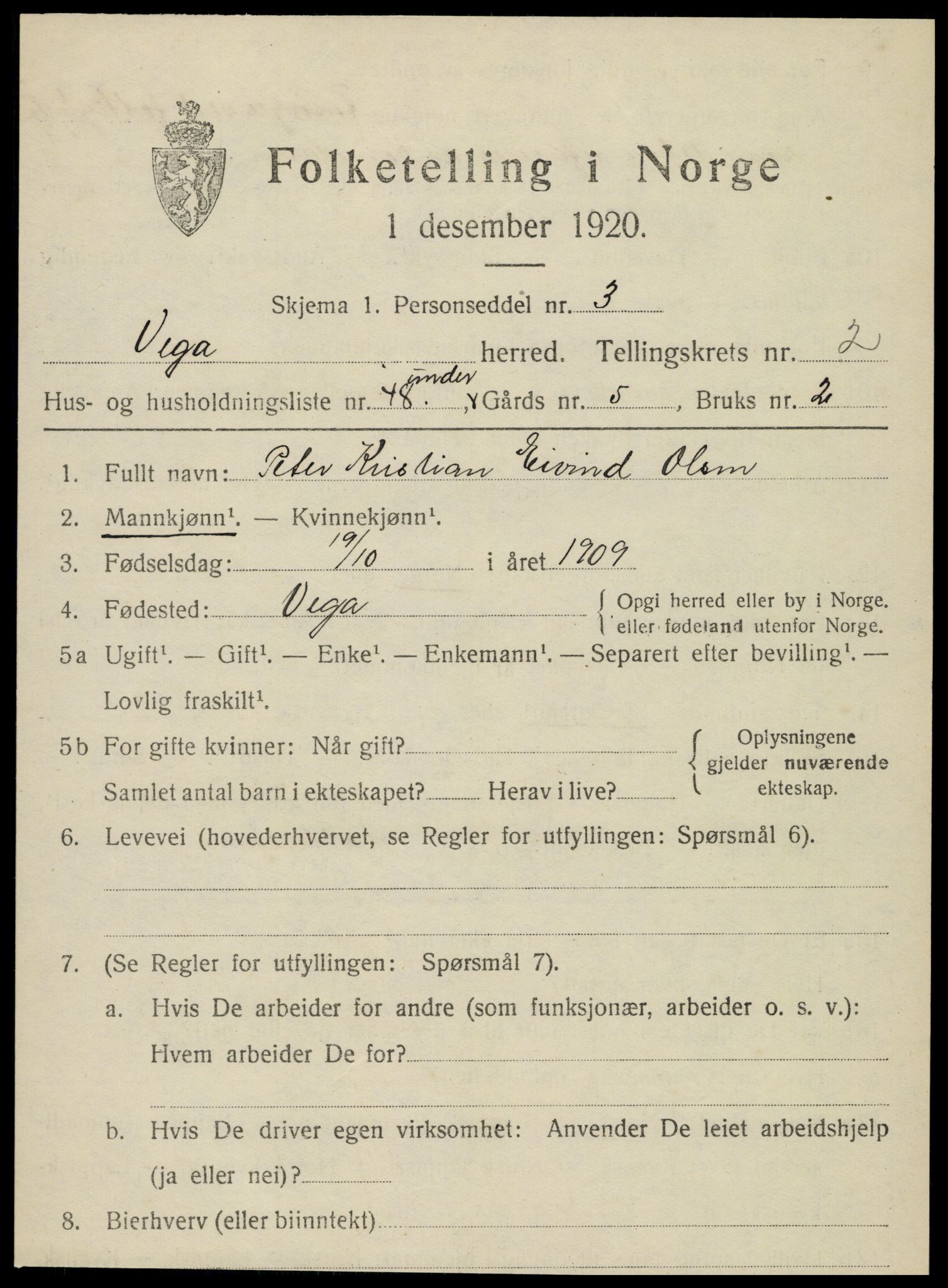 SAT, 1920 census for Vega, 1920, p. 1695