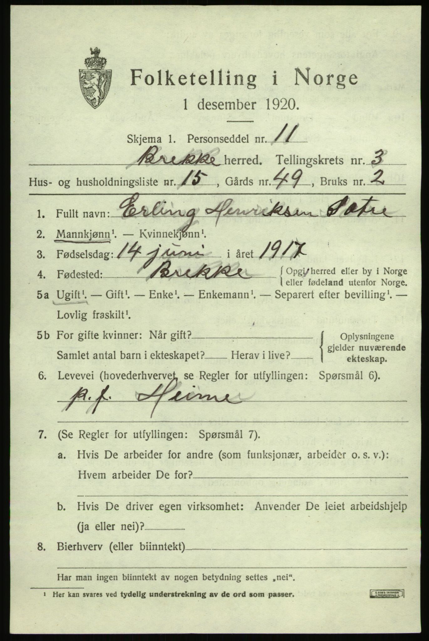 SAB, 1920 census for Brekke, 1920, p. 908