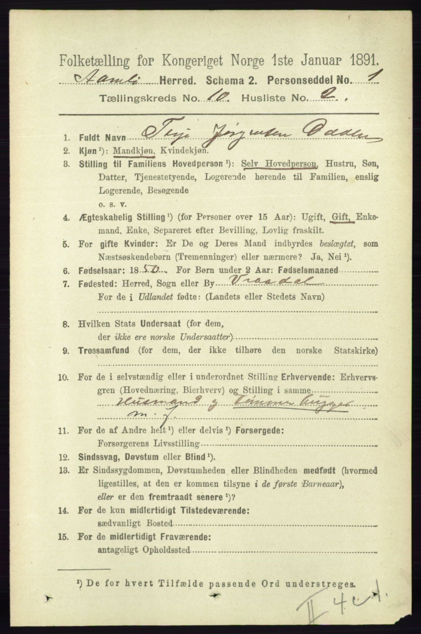 RA, 1891 census for 0929 Åmli, 1891, p. 1673