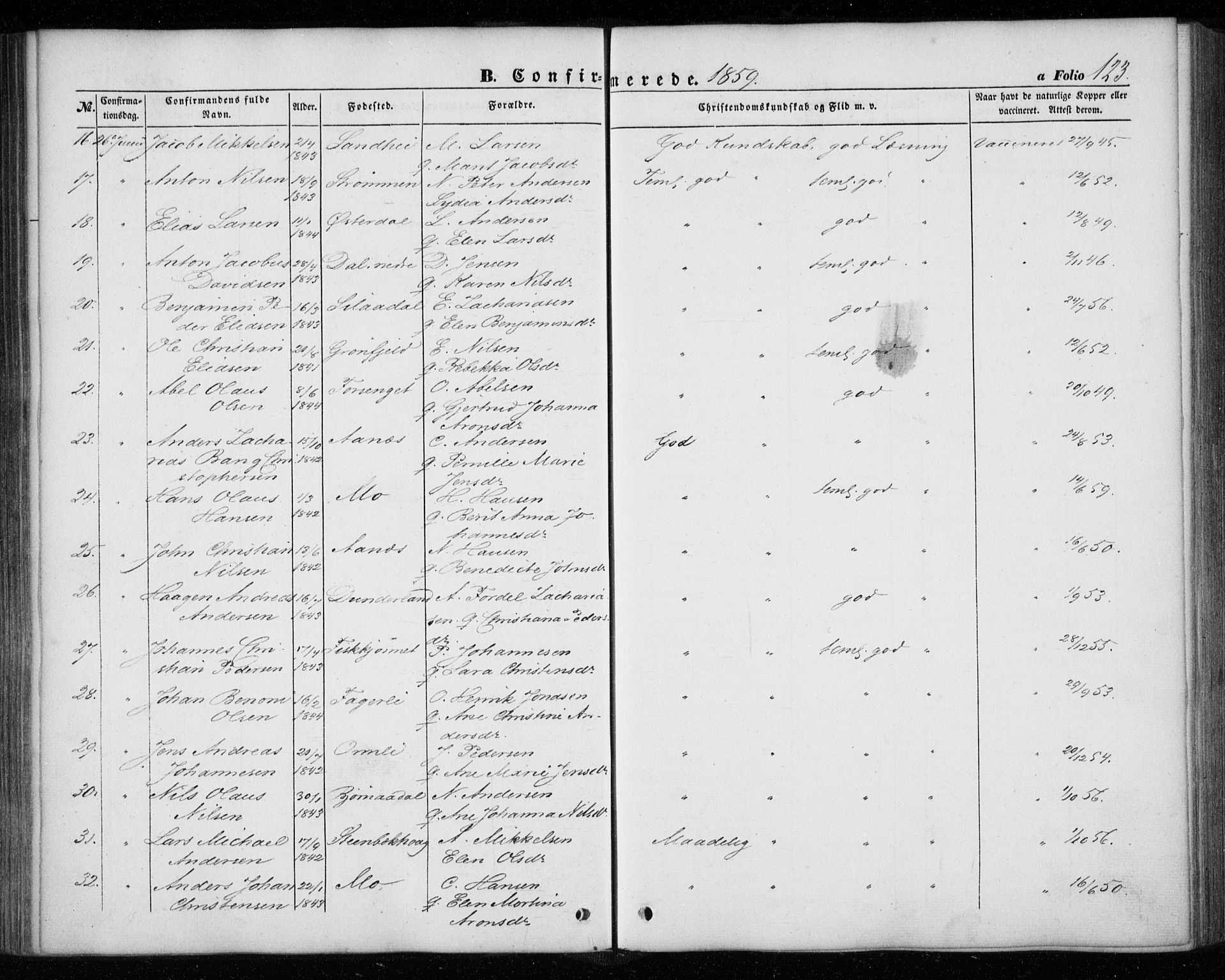 Ministerialprotokoller, klokkerbøker og fødselsregistre - Nordland, AV/SAT-A-1459/827/L0392: Parish register (official) no. 827A04, 1853-1866, p. 123