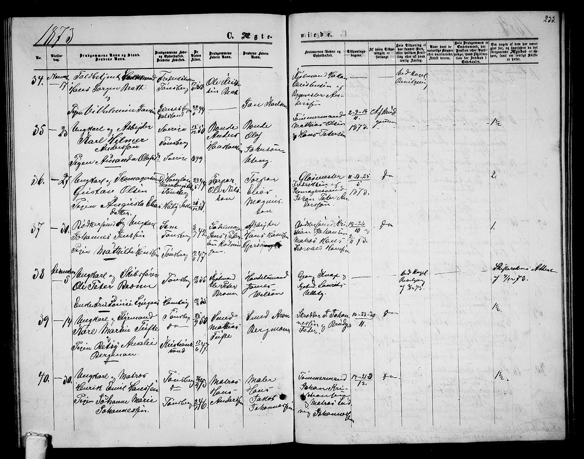 Tønsberg kirkebøker, AV/SAKO-A-330/G/Ga/L0004: Parish register (copy) no. 4, 1865-1874, p. 233