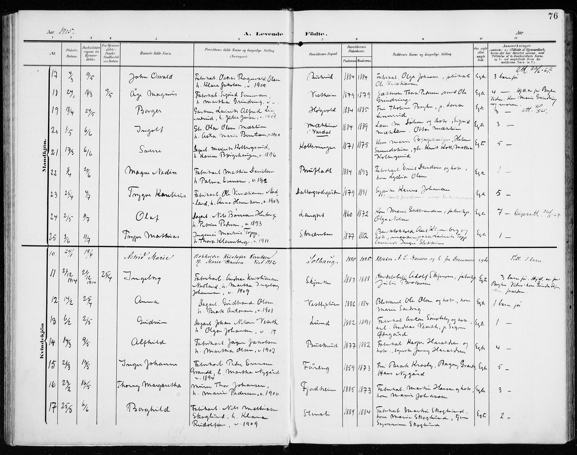 Vardal prestekontor, AV/SAH-PREST-100/H/Ha/Haa/L0016: Parish register (official) no. 16, 1904-1916, p. 76