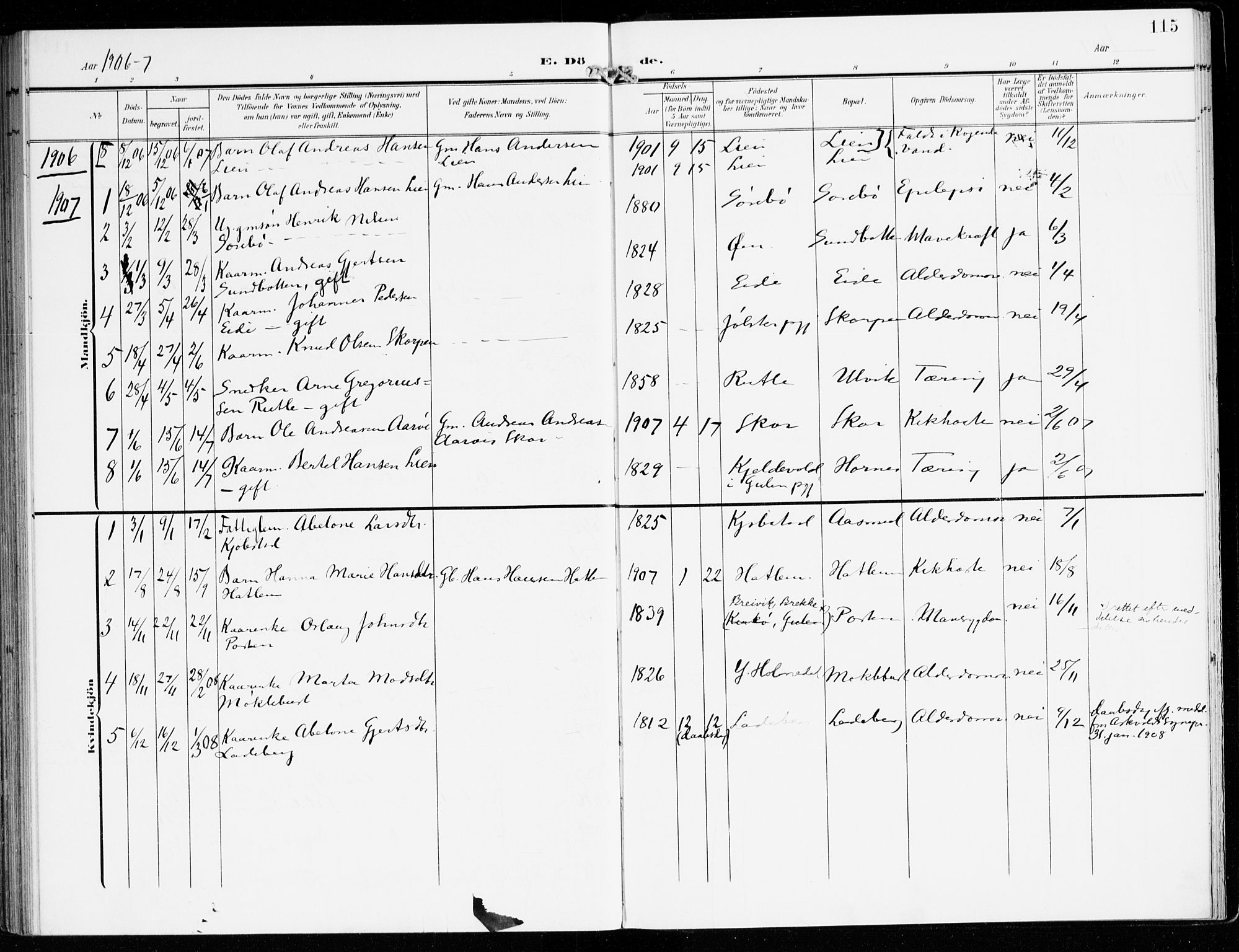 Hyllestad sokneprestembete, SAB/A-80401: Parish register (official) no. D 2, 1905-1919, p. 115