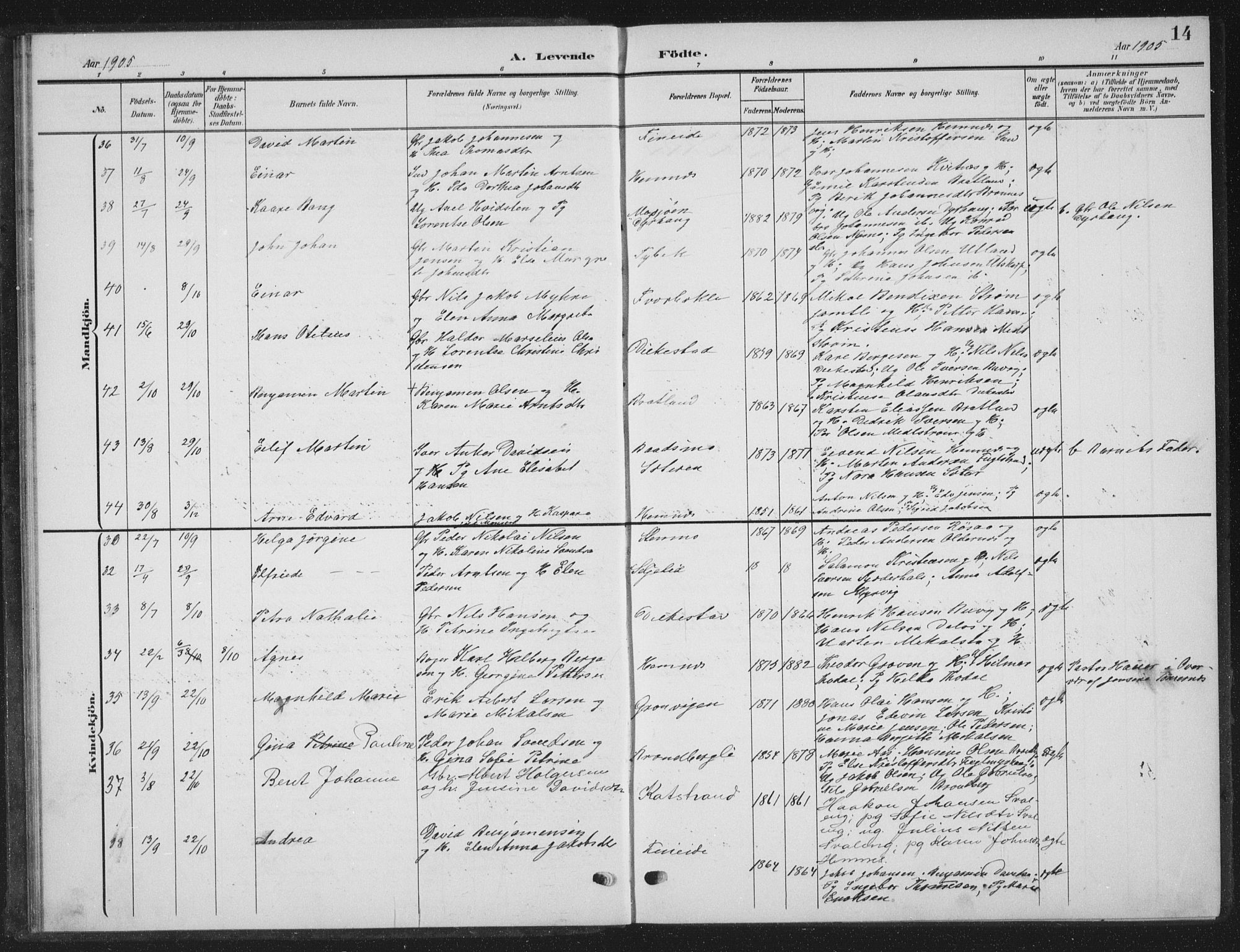 Ministerialprotokoller, klokkerbøker og fødselsregistre - Nordland, AV/SAT-A-1459/825/L0370: Parish register (copy) no. 825C07, 1903-1923, p. 14