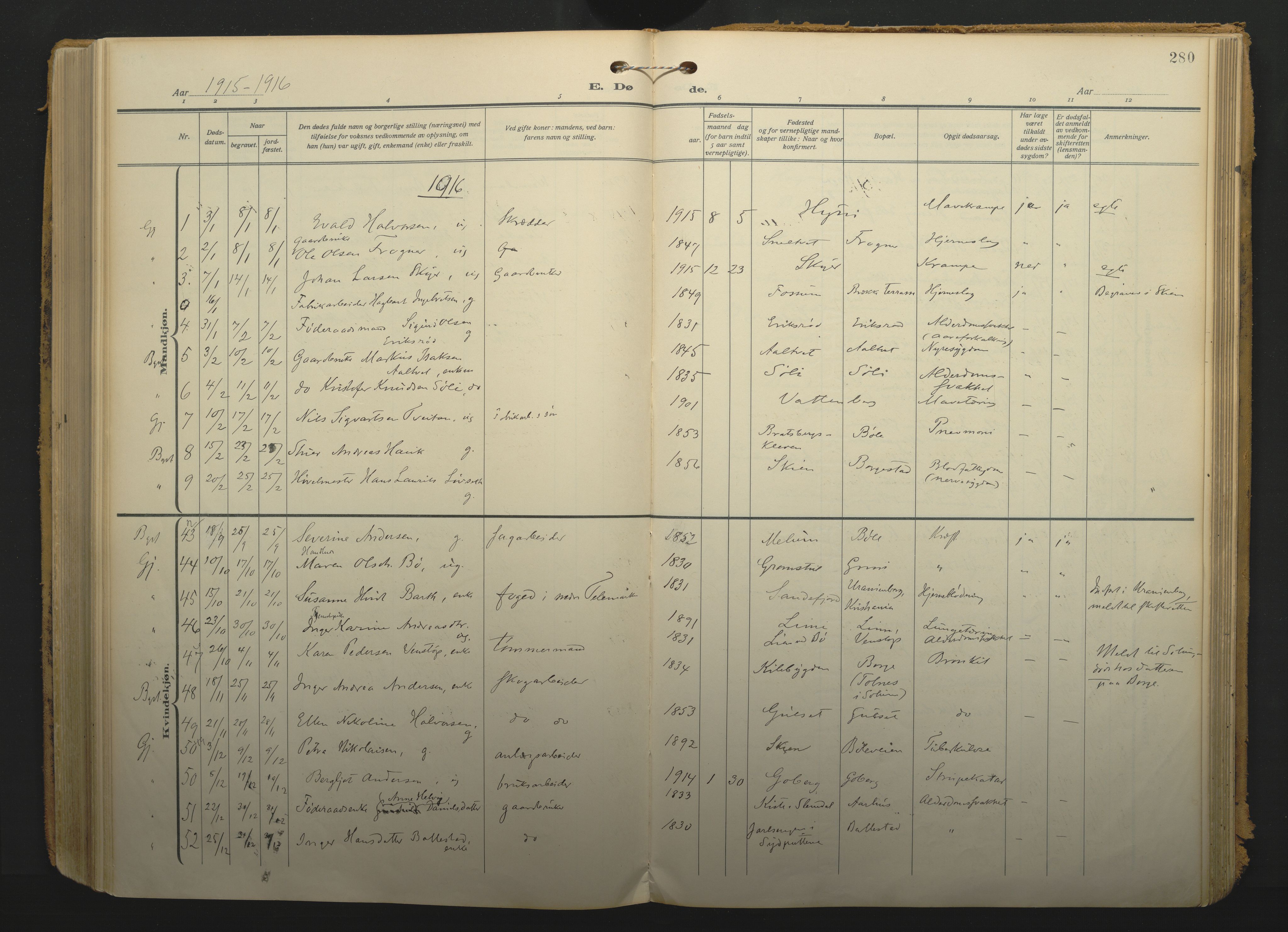 Gjerpen kirkebøker, SAKO/A-265/F/Fa/L0013: Parish register (official) no. I 13, 1914-1924, p. 280