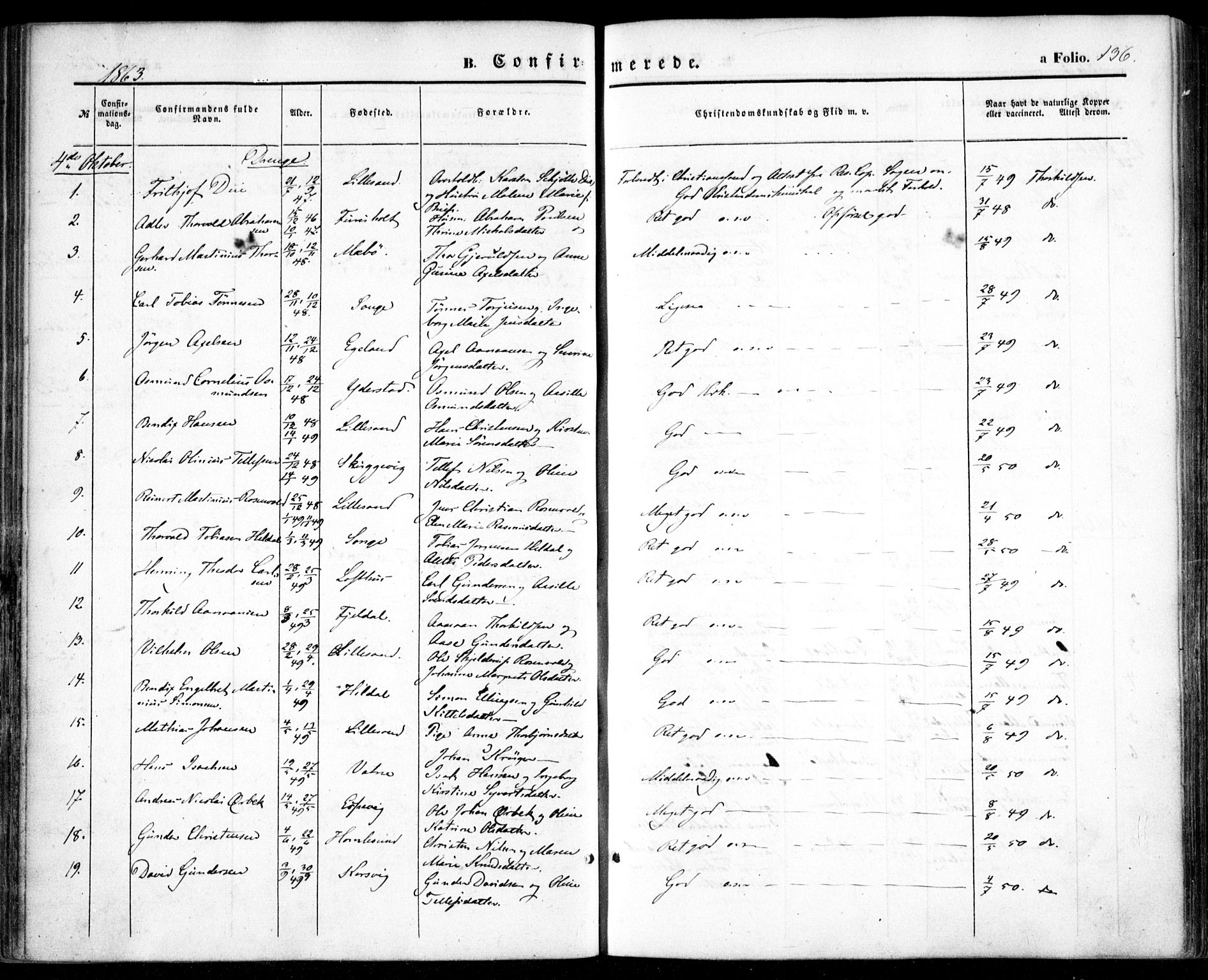 Vestre Moland sokneprestkontor, SAK/1111-0046/F/Fa/Fab/L0007: Parish register (official) no. A 7, 1859-1872, p. 136