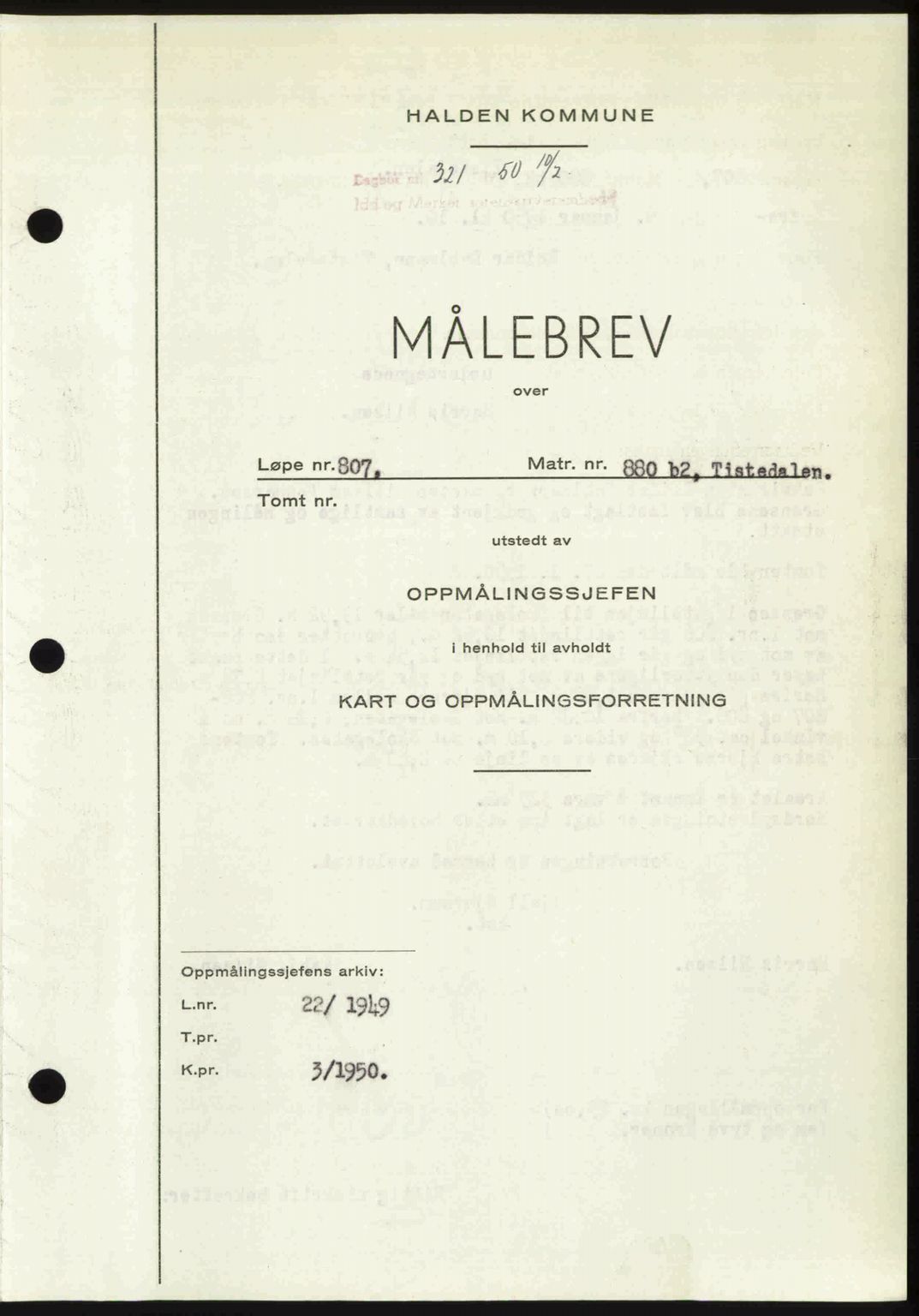 Idd og Marker sorenskriveri, AV/SAO-A-10283/G/Gb/Gbb/L0013: Mortgage book no. A13, 1949-1950, Diary no: : 321/1950