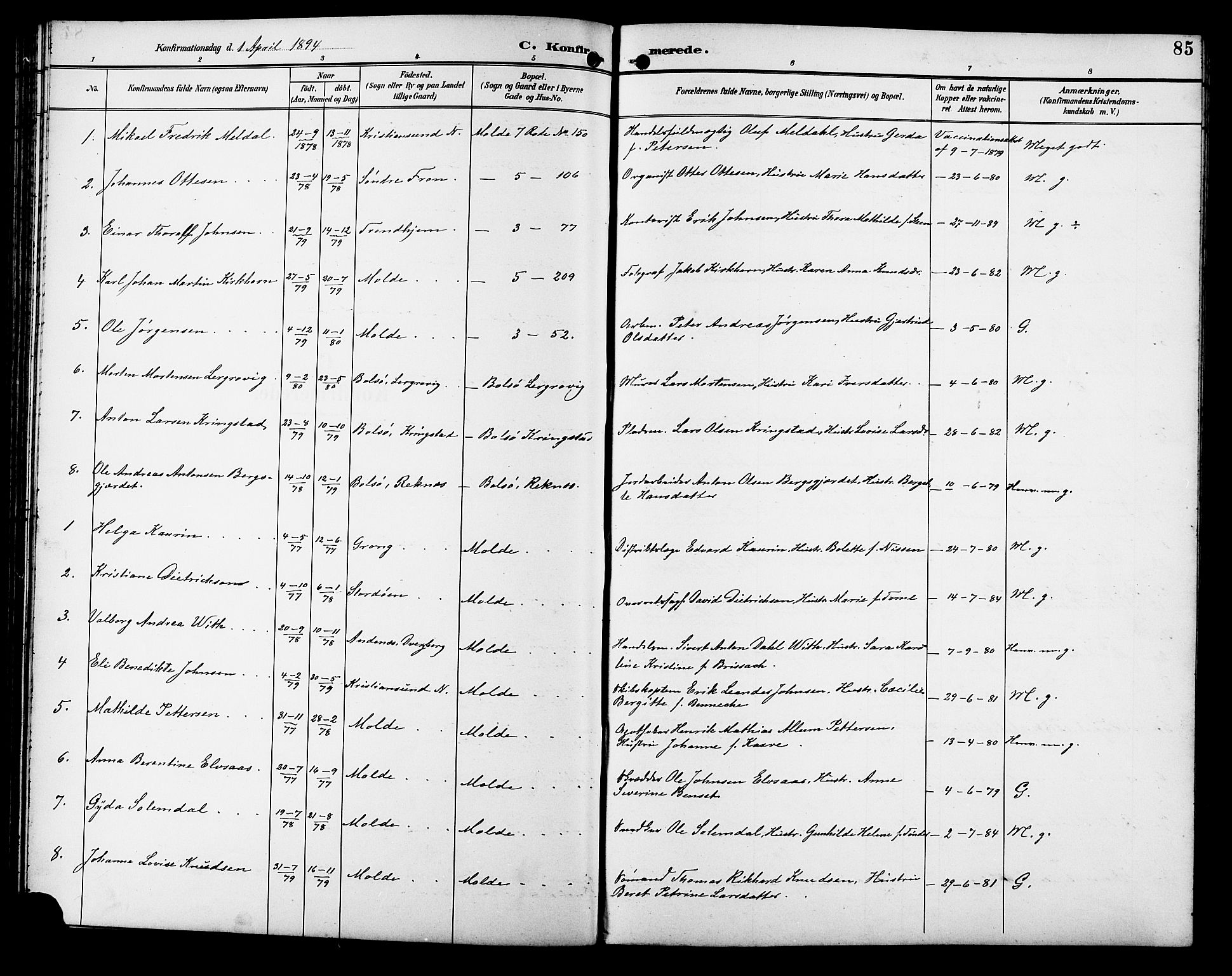 Ministerialprotokoller, klokkerbøker og fødselsregistre - Møre og Romsdal, SAT/A-1454/558/L0702: Parish register (copy) no. 558C03, 1894-1915, p. 85