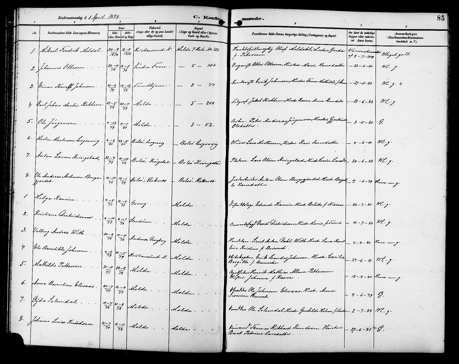 Ministerialprotokoller, klokkerbøker og fødselsregistre - Møre og Romsdal, AV/SAT-A-1454/558/L0702: Parish register (copy) no. 558C03, 1894-1915, p. 85