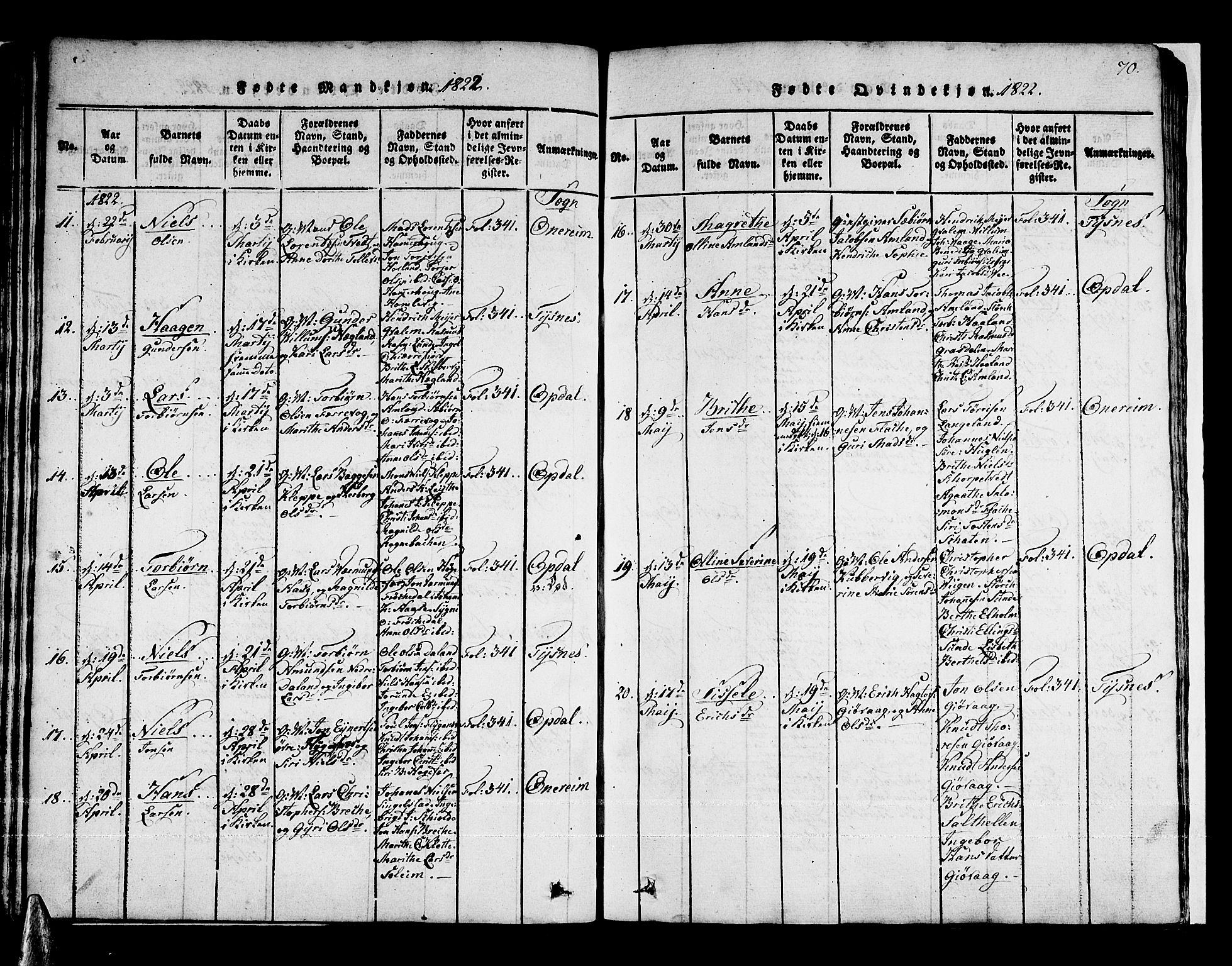 Tysnes sokneprestembete, AV/SAB-A-78601/H/Haa: Parish register (official) no. A 7, 1816-1826, p. 70