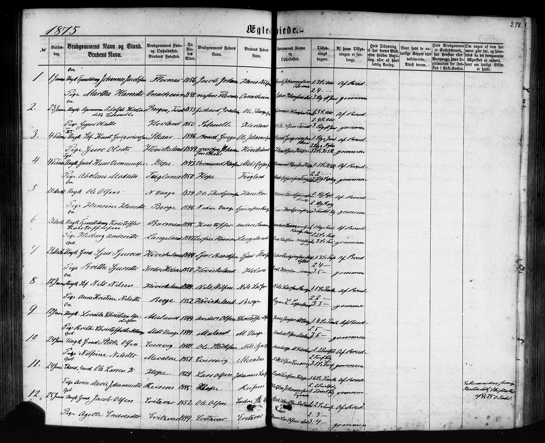 Tysnes sokneprestembete, AV/SAB-A-78601/H/Haa: Parish register (official) no. A 12, 1872-1886, p. 278