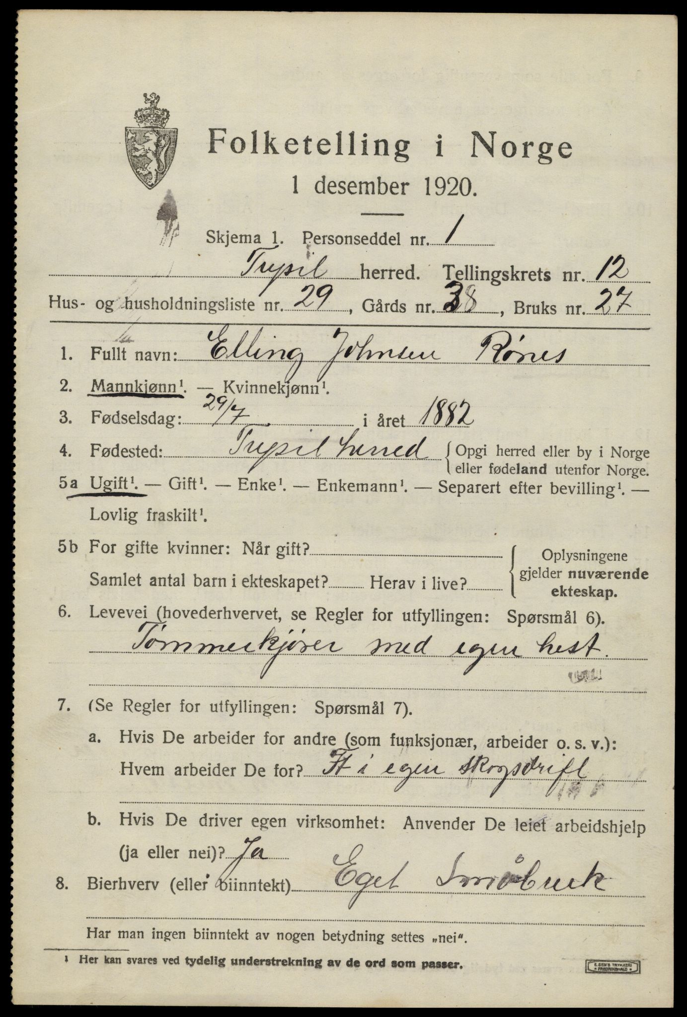 SAH, 1920 census for Trysil, 1920, p. 7517