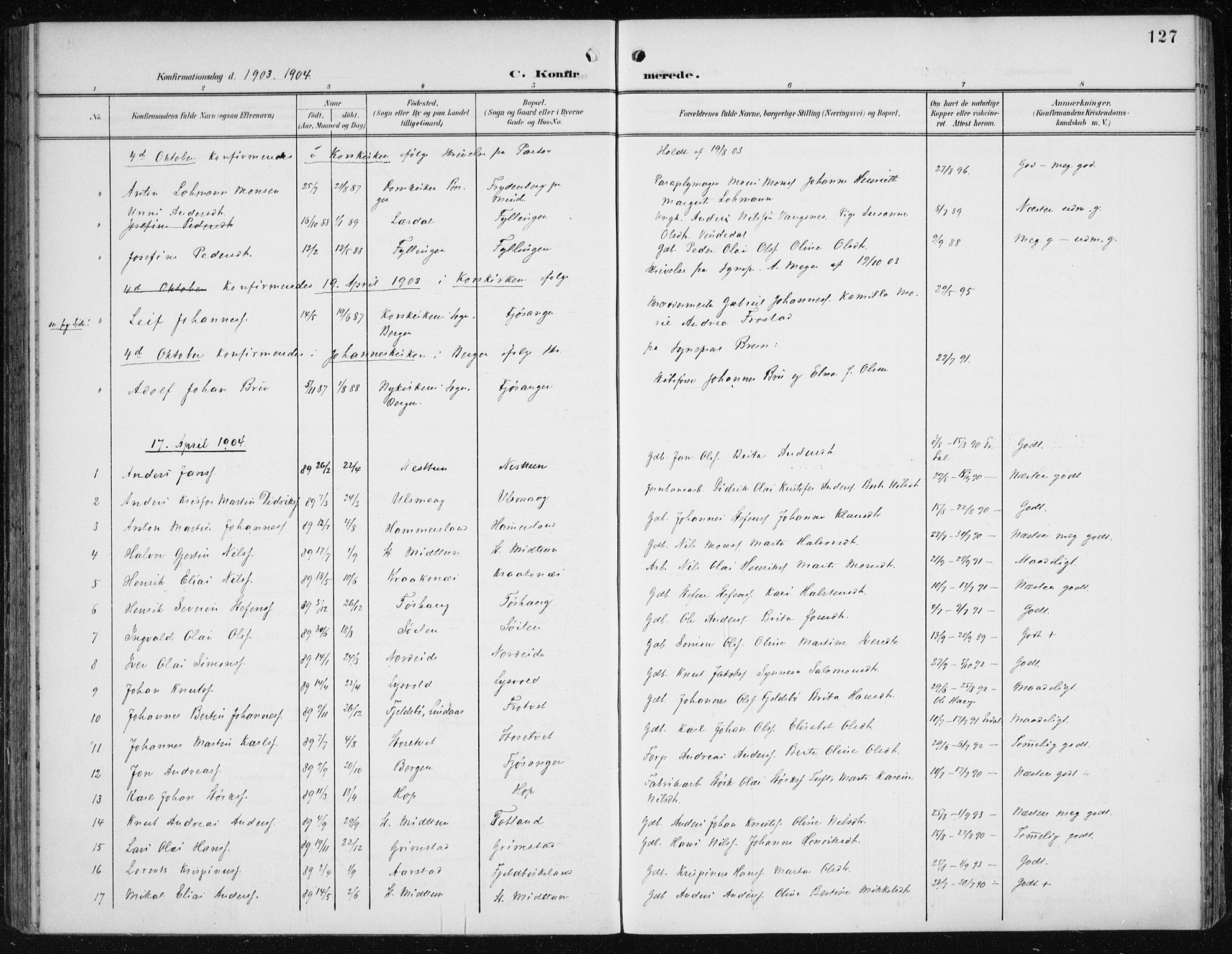 Fana Sokneprestembete, SAB/A-75101/H/Haa/Haai/L0003: Parish register (official) no. I 3, 1900-1912, p. 127