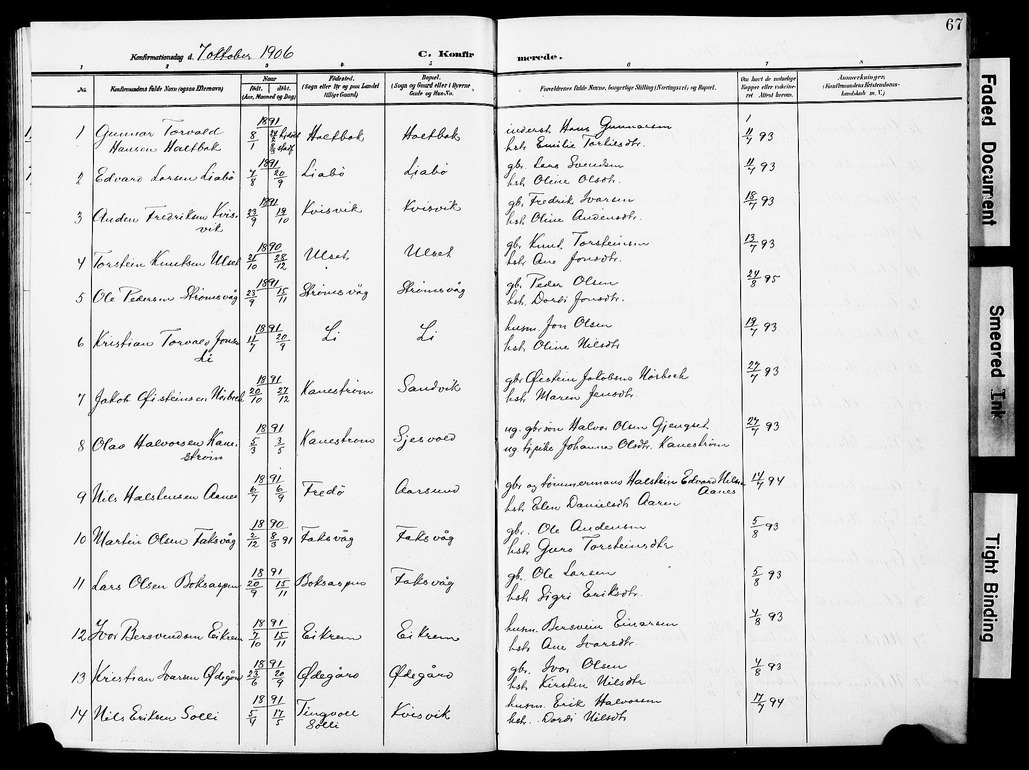 Ministerialprotokoller, klokkerbøker og fødselsregistre - Møre og Romsdal, AV/SAT-A-1454/587/L1001: Parish register (copy) no. 587C01, 1906-1927, p. 67