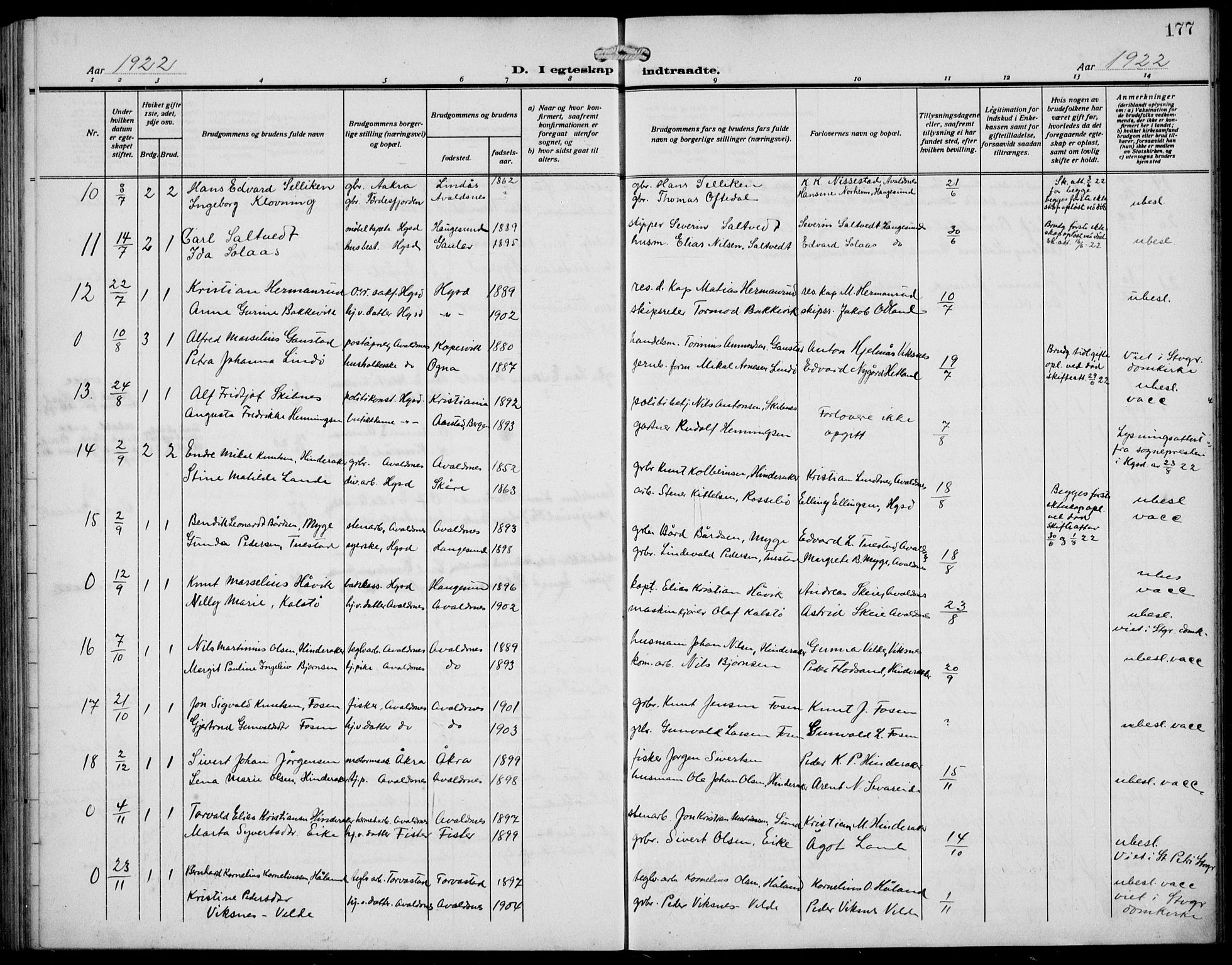 Avaldsnes sokneprestkontor, AV/SAST-A -101851/H/Ha/Hab/L0008: Parish register (copy) no. B 8, 1910-1939, p. 177