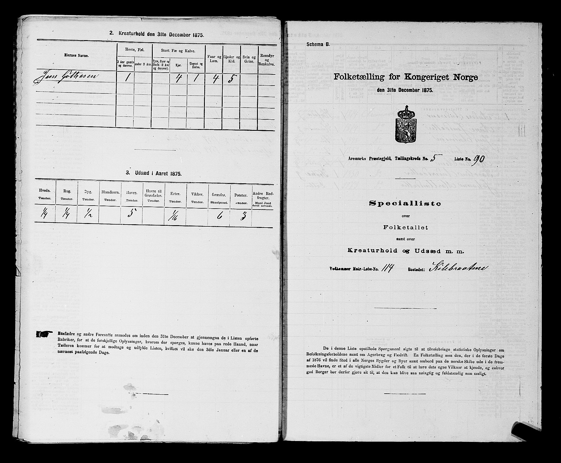 RA, 1875 census for 0118P Aremark, 1875, p. 825