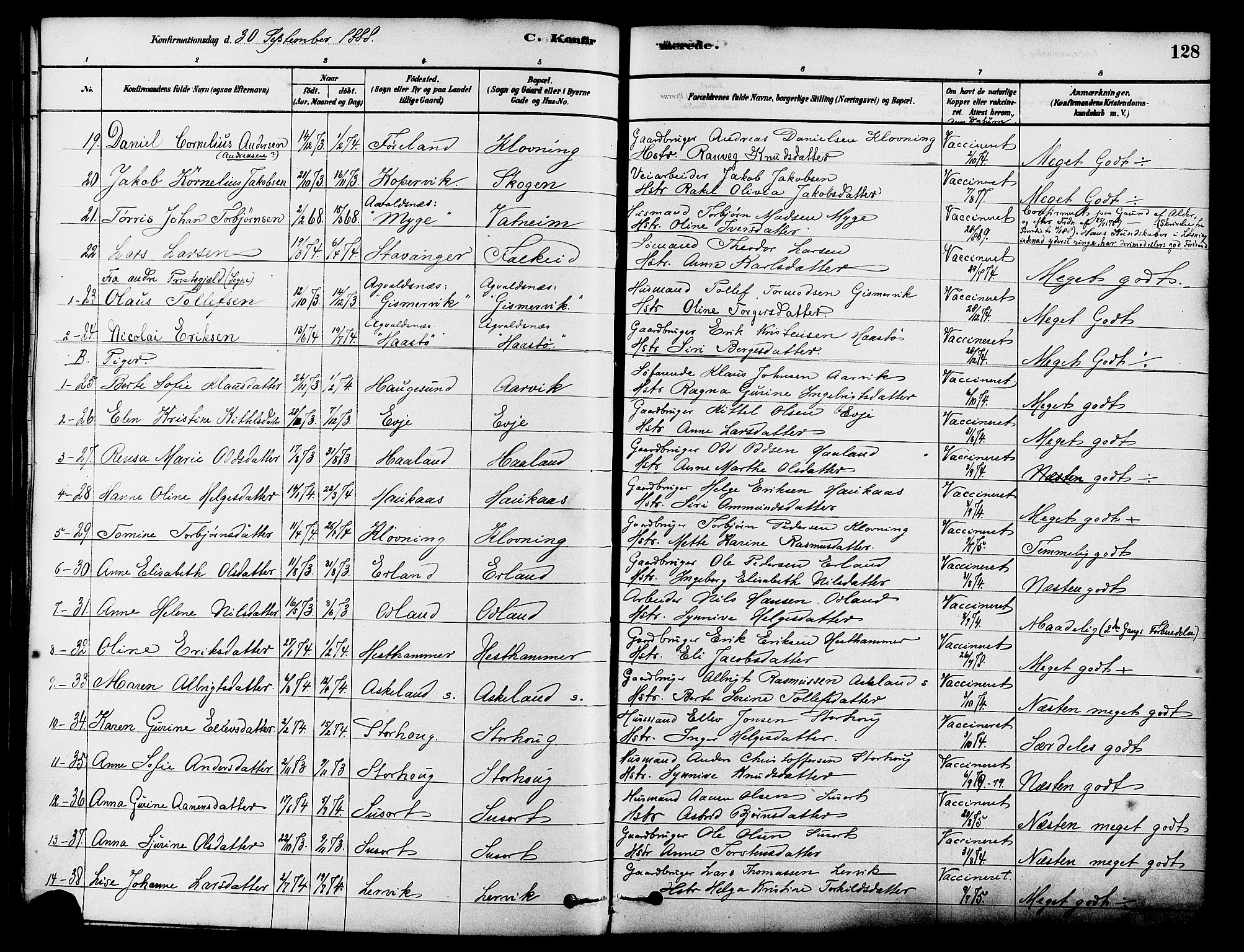 Tysvær sokneprestkontor, AV/SAST-A -101864/H/Ha/Haa/L0006: Parish register (official) no. A 6, 1878-1896, p. 128