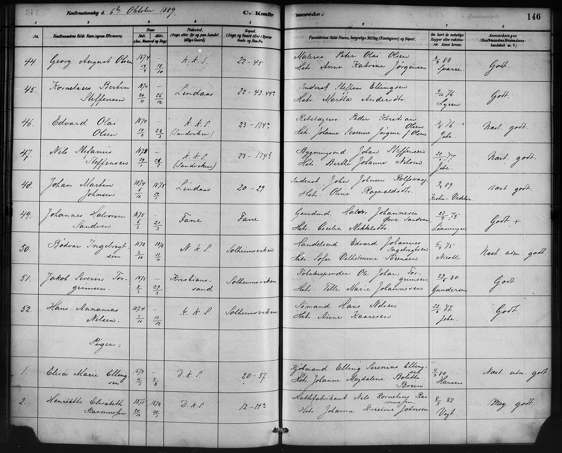 Korskirken sokneprestembete, AV/SAB-A-76101/H/Haa/L0029: Parish register (official) no. C 5, 1880-1892, p. 146