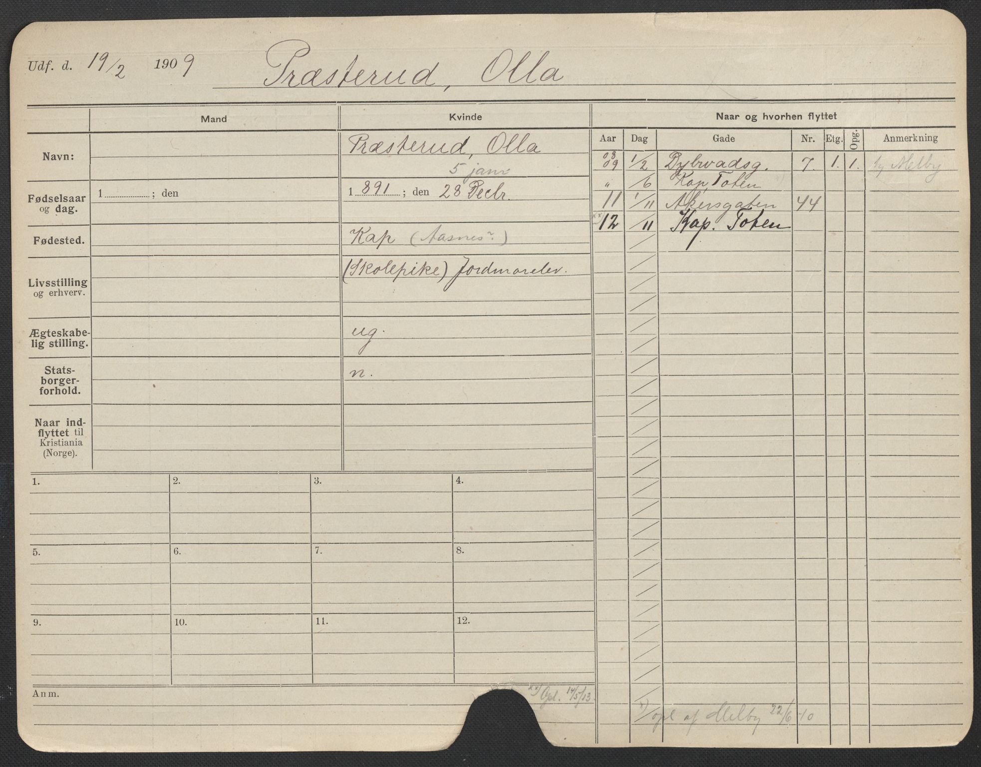 Oslo folkeregister, Registerkort, AV/SAO-A-11715/F/Fa/Fac/L0022: Kvinner, 1906-1914, p. 1103a