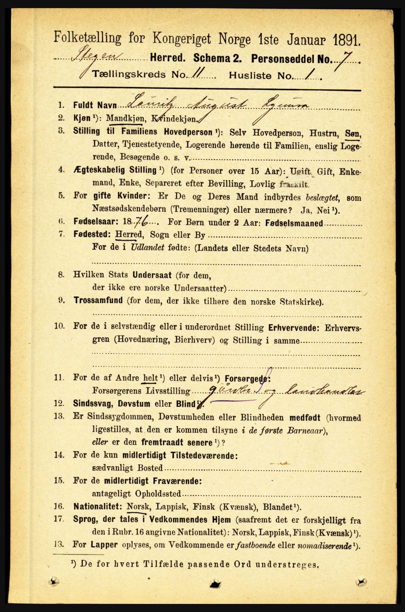 RA, 1891 census for 1848 Steigen, 1891, p. 3789