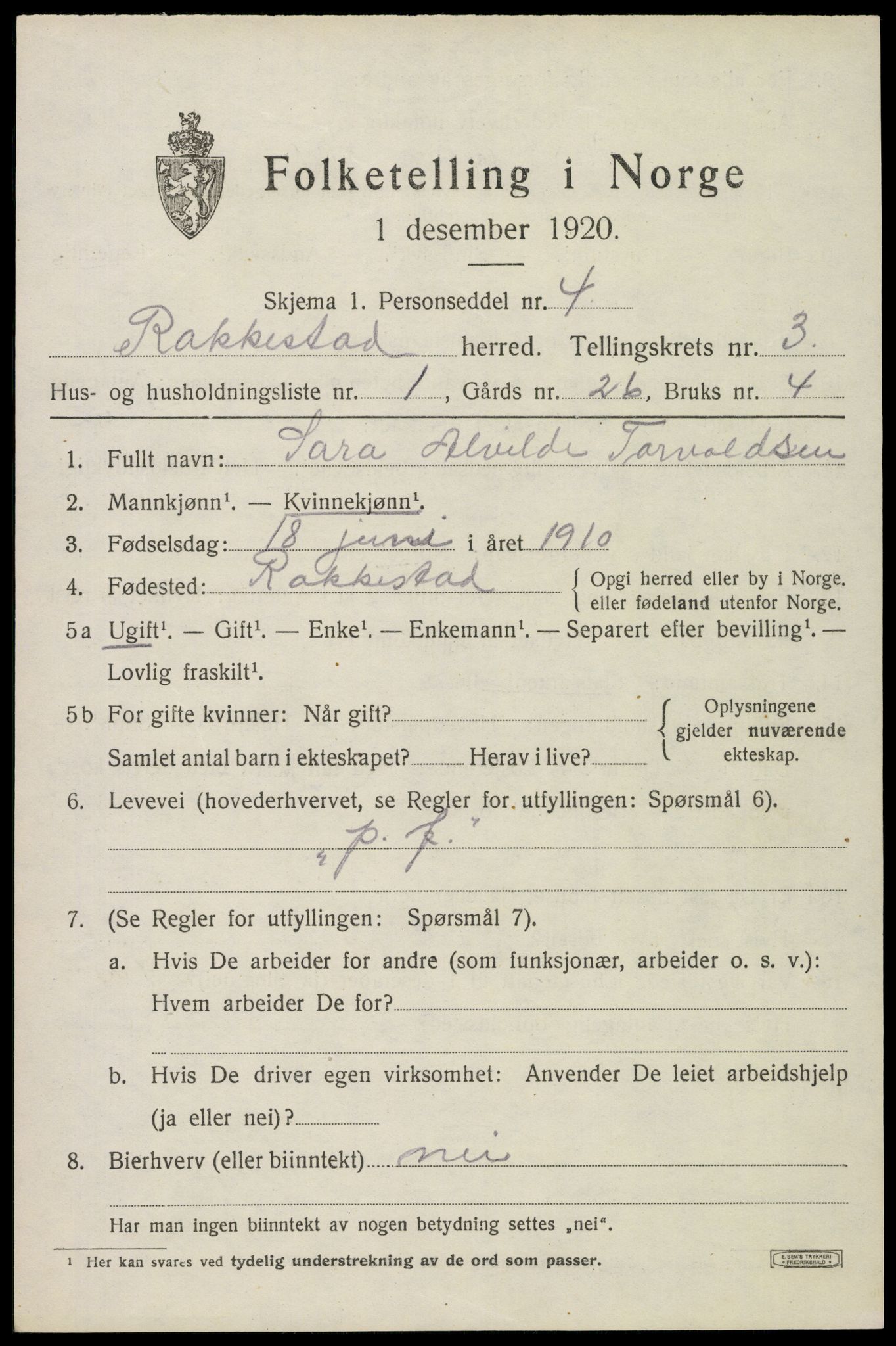 SAO, 1920 census for Rakkestad, 1920, p. 4431