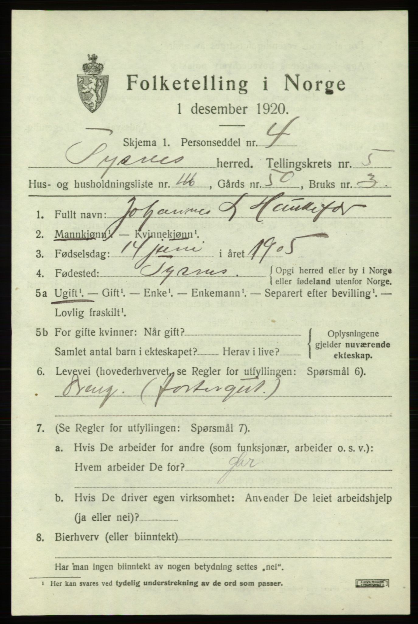 SAB, 1920 census for Tysnes, 1920, p. 4358