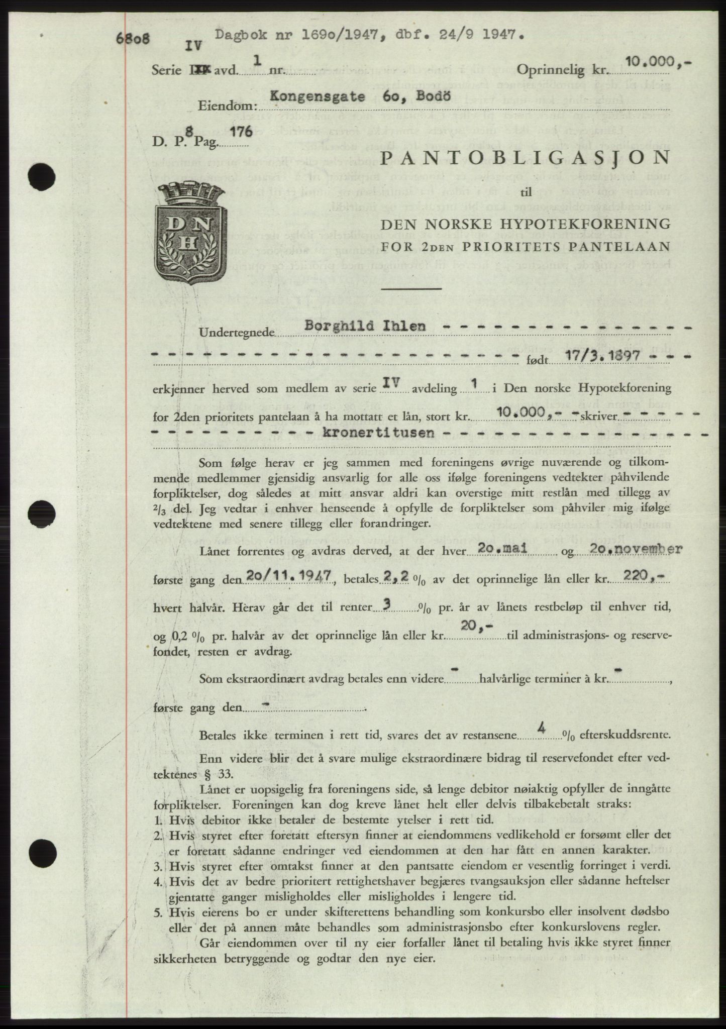 Salten sorenskriveri, AV/SAT-A-4578/1/2/2C: Mortgage book no. B11-12, 1947-1947, Diary no: : 1690/1947