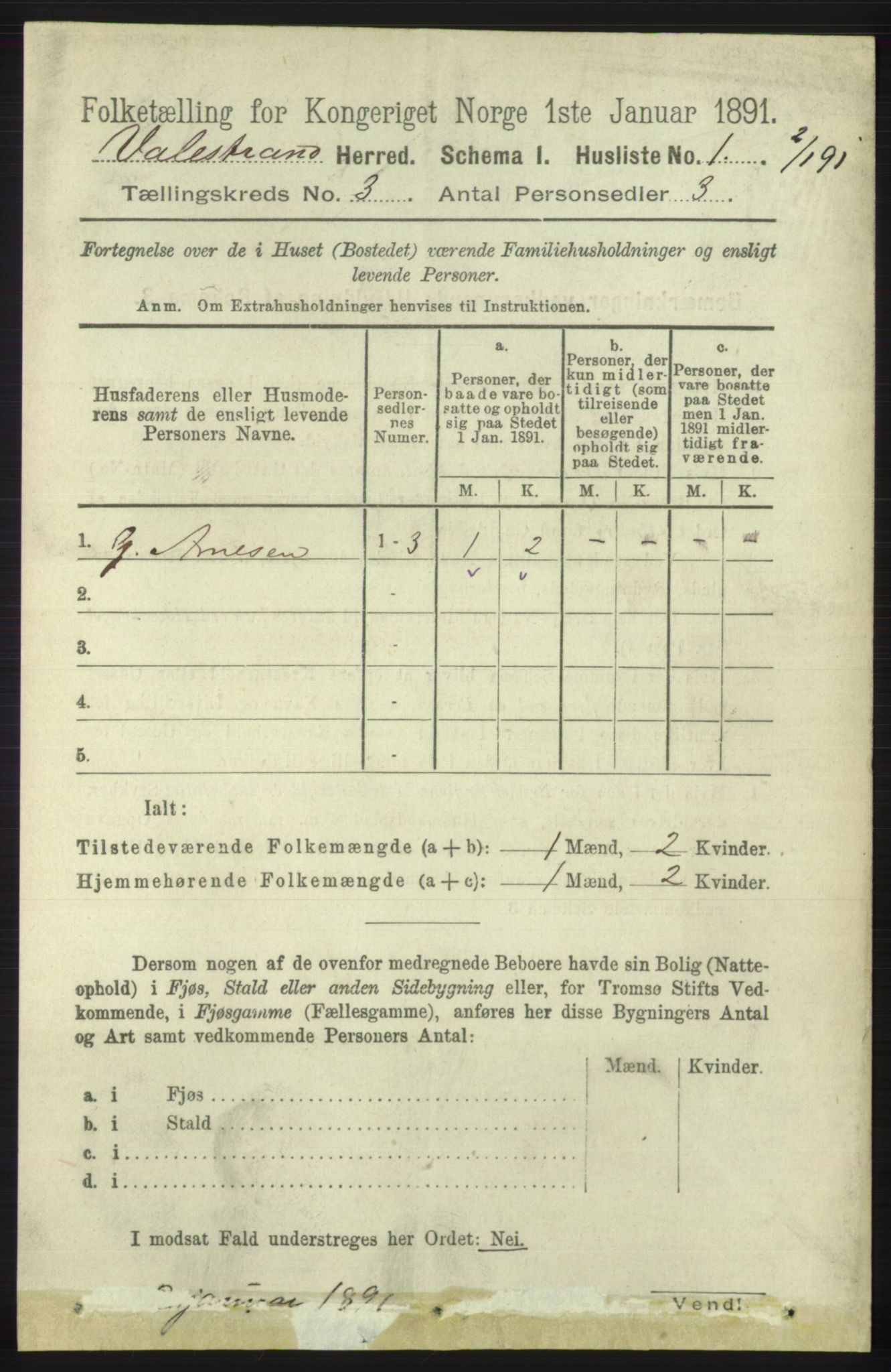 RA, 1891 census for 1217 Valestrand, 1891, p. 490