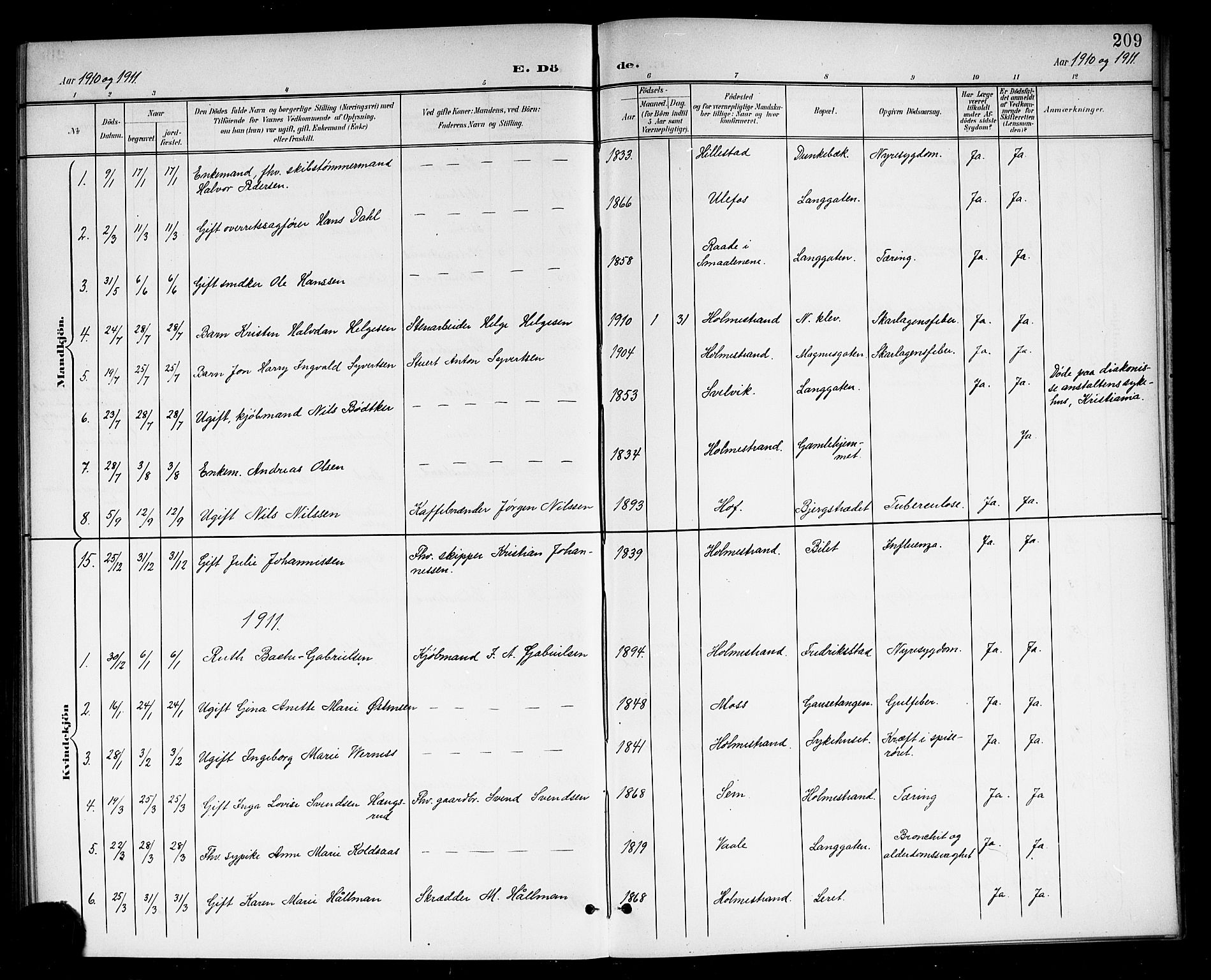 Holmestrand kirkebøker, AV/SAKO-A-346/G/Ga/L0006: Parish register (copy) no. 6, 1901-1923, p. 209