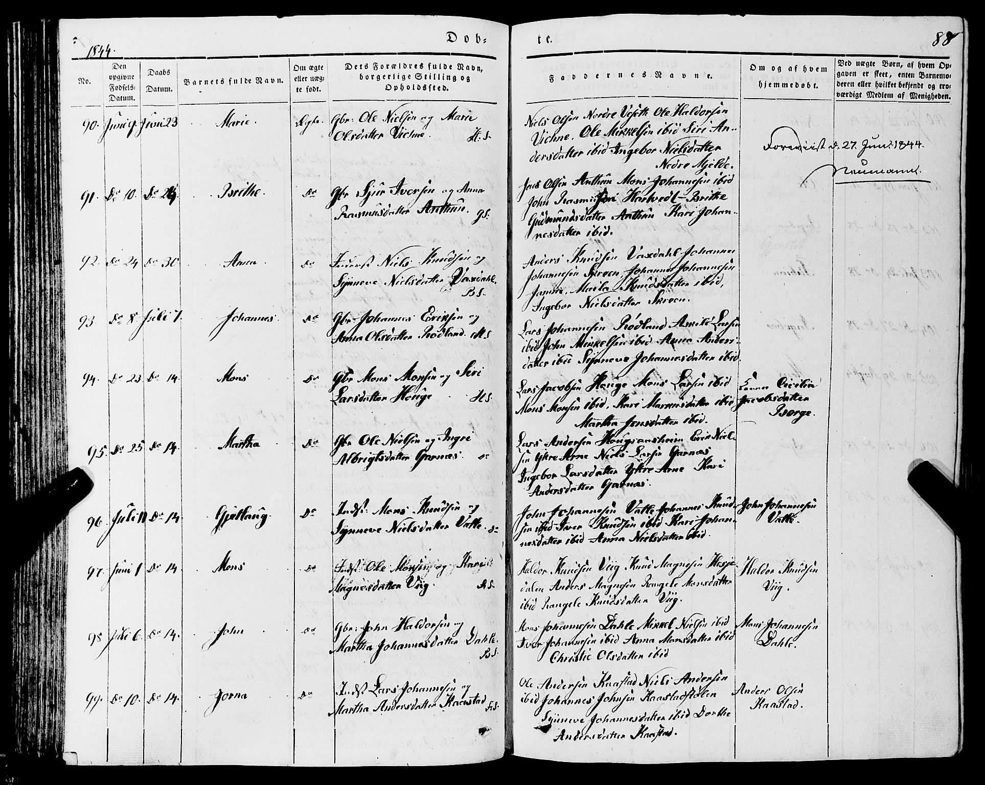 Haus sokneprestembete, AV/SAB-A-75601/H/Haa: Parish register (official) no. A 15, 1838-1847, p. 88