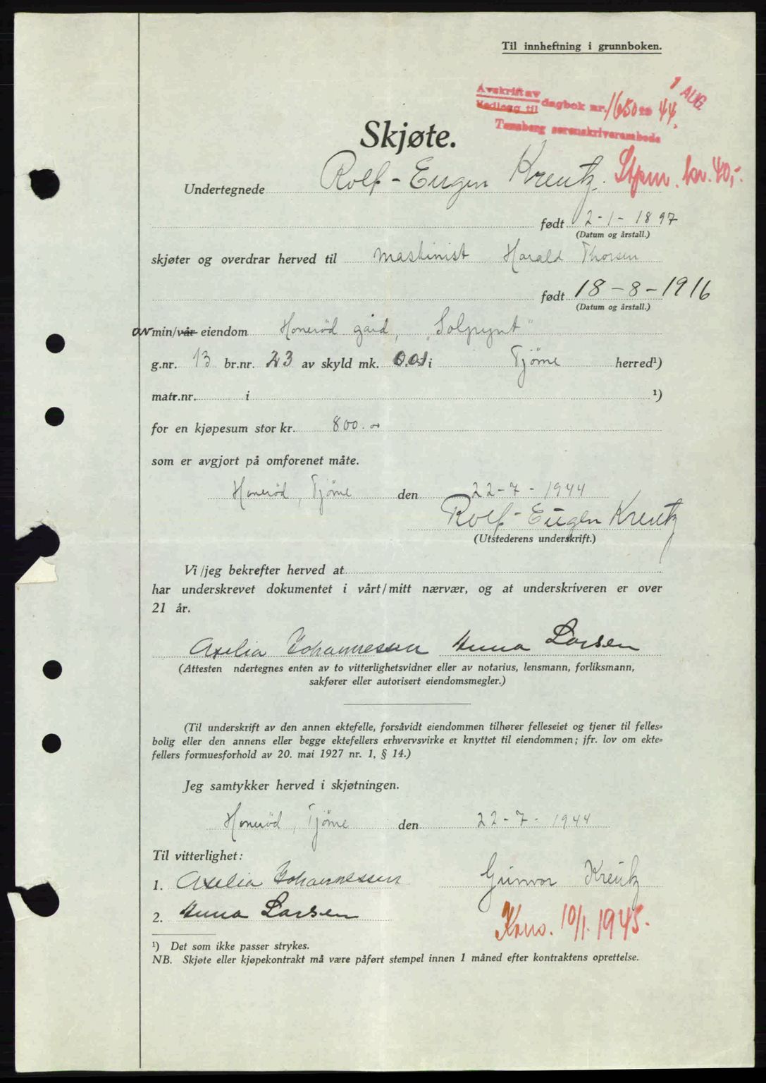 Tønsberg sorenskriveri, AV/SAKO-A-130/G/Ga/Gaa/L0015: Mortgage book no. A15, 1944-1944, Diary no: : 1650/1944