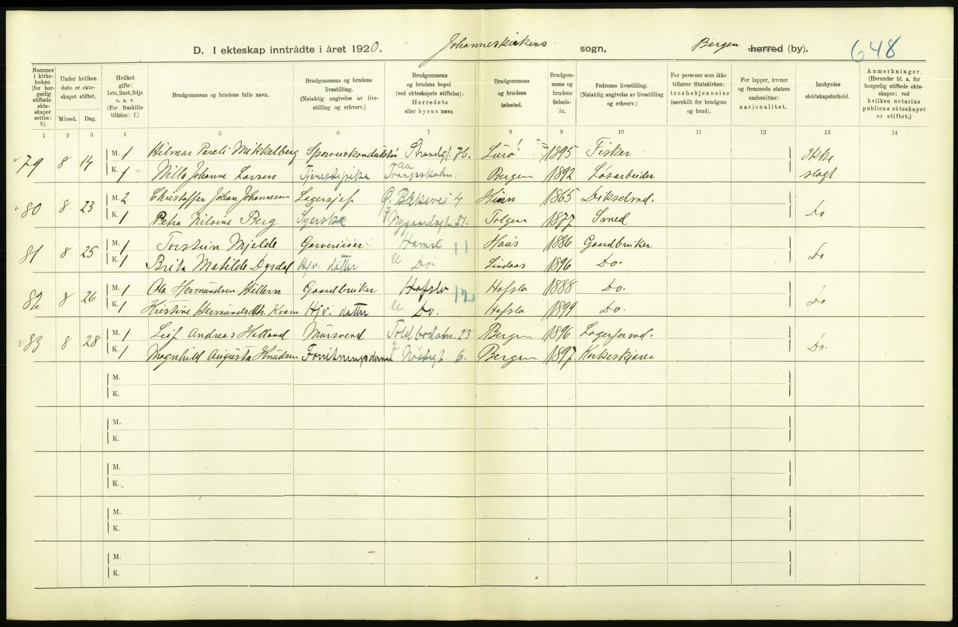 Statistisk sentralbyrå, Sosiodemografiske emner, Befolkning, AV/RA-S-2228/D/Df/Dfb/Dfbj/L0042: Bergen: Gifte, døde, dødfødte., 1920, p. 166