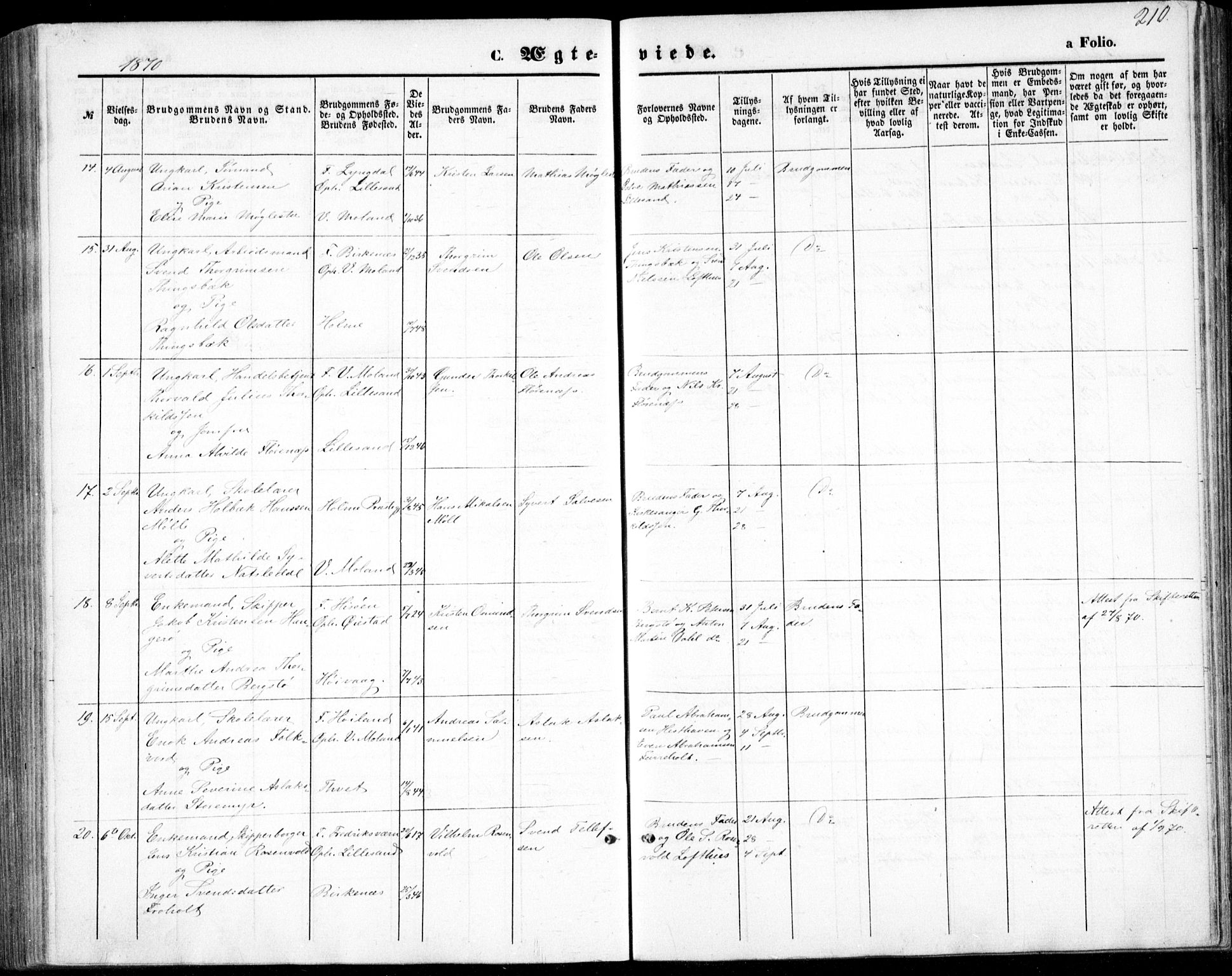 Vestre Moland sokneprestkontor, AV/SAK-1111-0046/F/Fb/Fbb/L0004: Parish register (copy) no. B 4, 1861-1872, p. 210