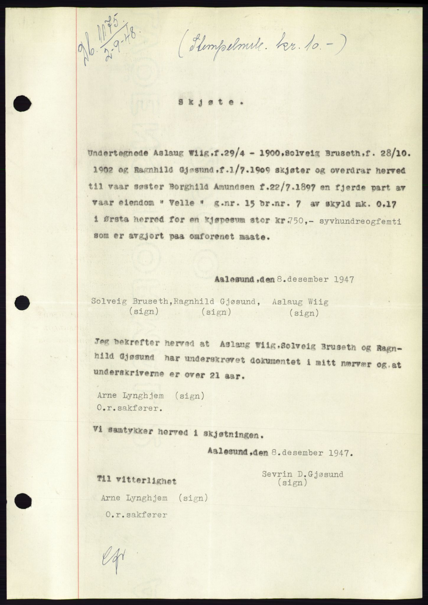 Søre Sunnmøre sorenskriveri, AV/SAT-A-4122/1/2/2C/L0082: Mortgage book no. 8A, 1948-1948, Diary no: : 1175/1948