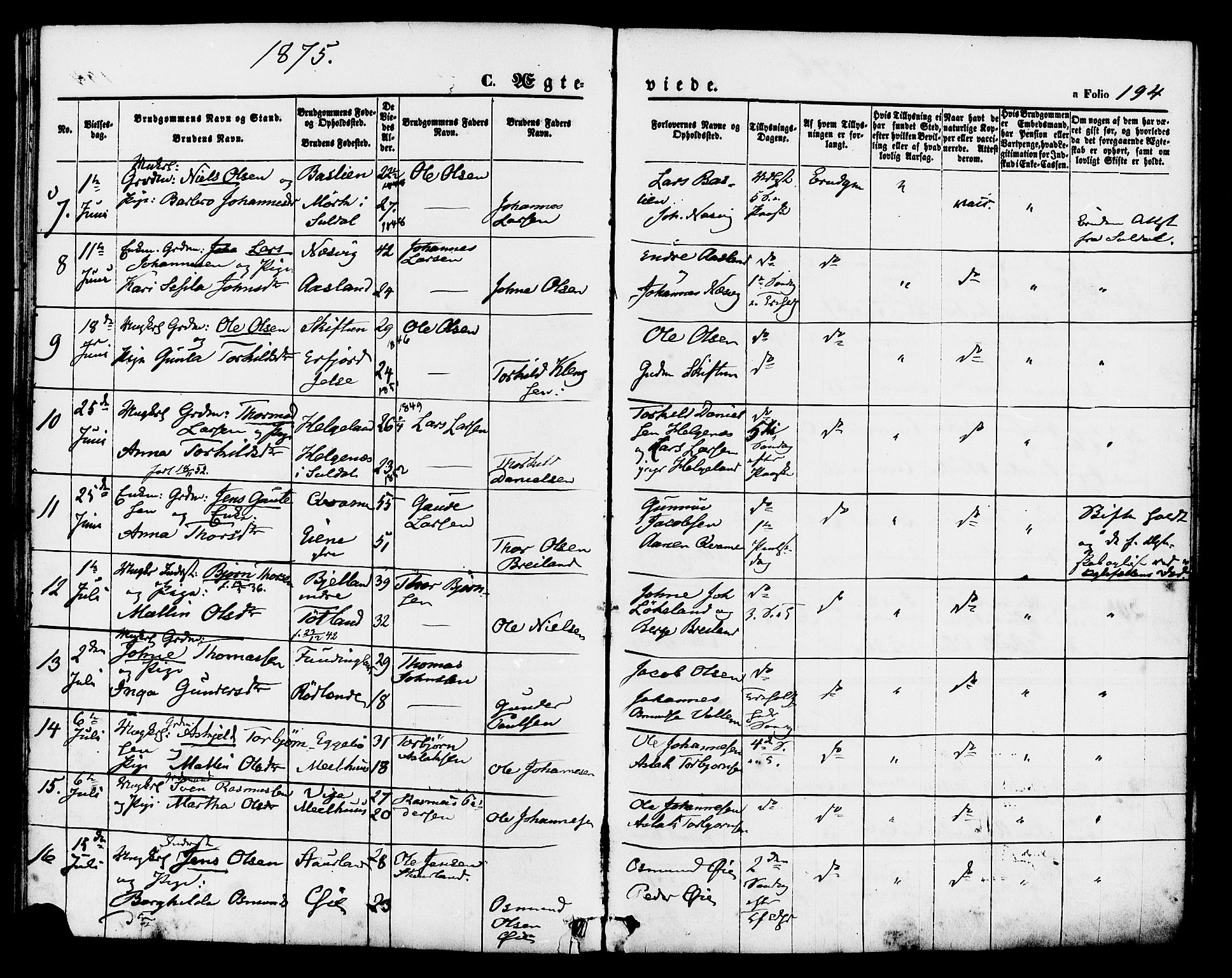 Hjelmeland sokneprestkontor, AV/SAST-A-101843/01/IV/L0011: Parish register (official) no. A 11, 1861-1878, p. 194