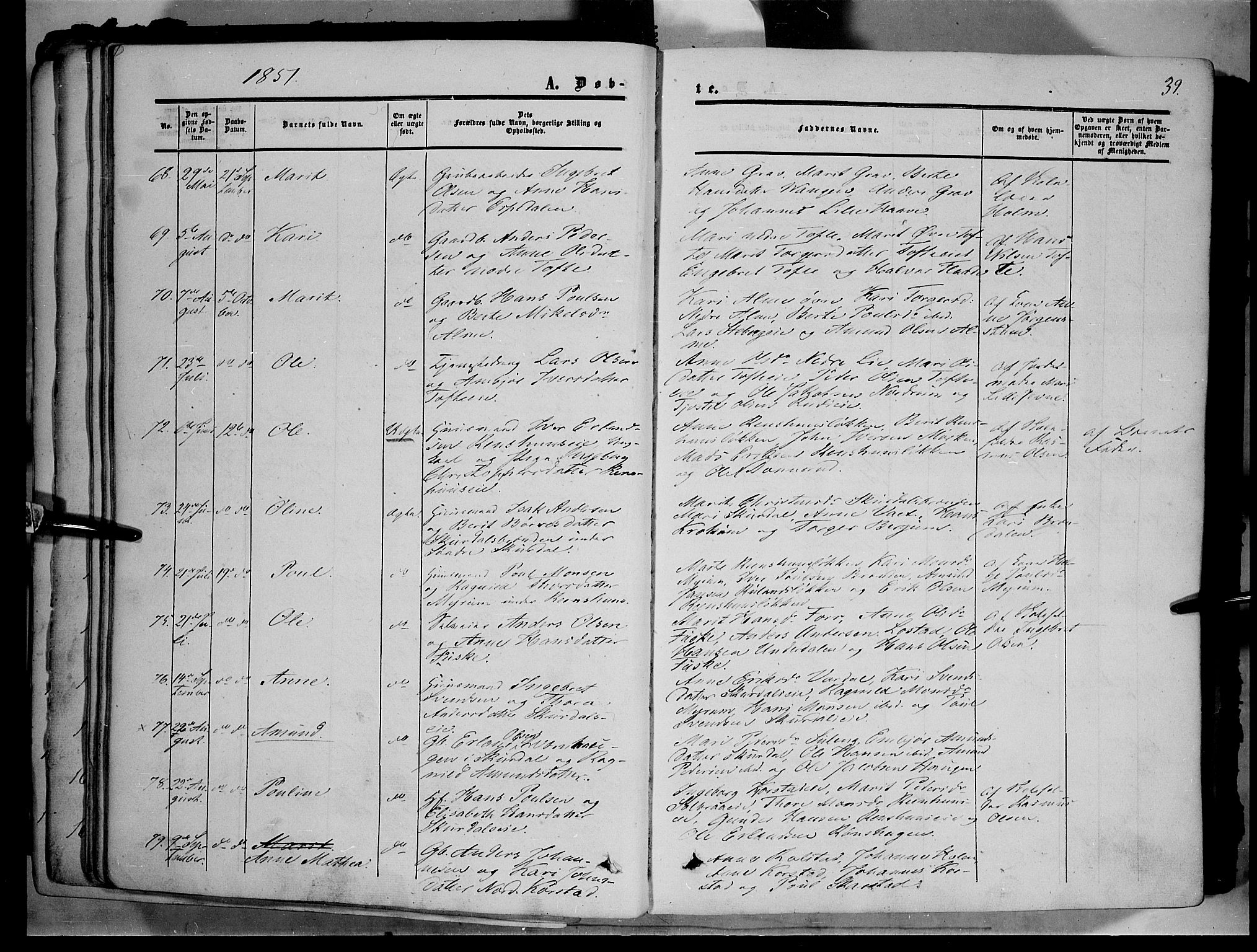 Sør-Fron prestekontor, AV/SAH-PREST-010/H/Ha/Haa/L0001: Parish register (official) no. 1, 1849-1863, p. 39