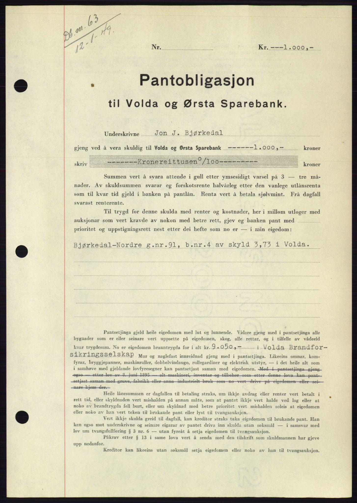 Søre Sunnmøre sorenskriveri, AV/SAT-A-4122/1/2/2C/L0116: Mortgage book no. 4B, 1948-1949, Diary no: : 63/1949