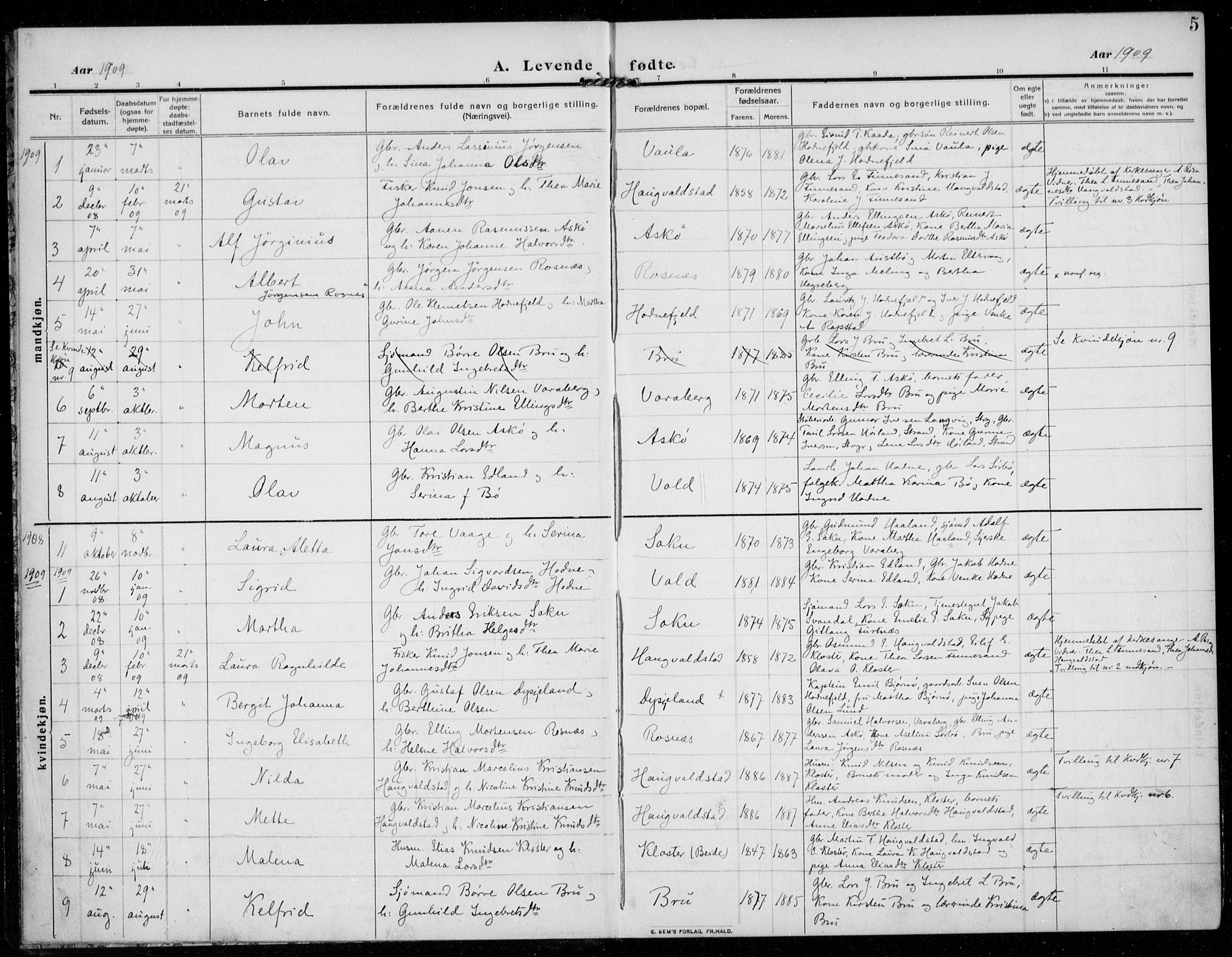 Rennesøy sokneprestkontor, SAST/A -101827/H/Ha/Haa/L0017: Parish register (official) no. A 17, 1908-1926, p. 5