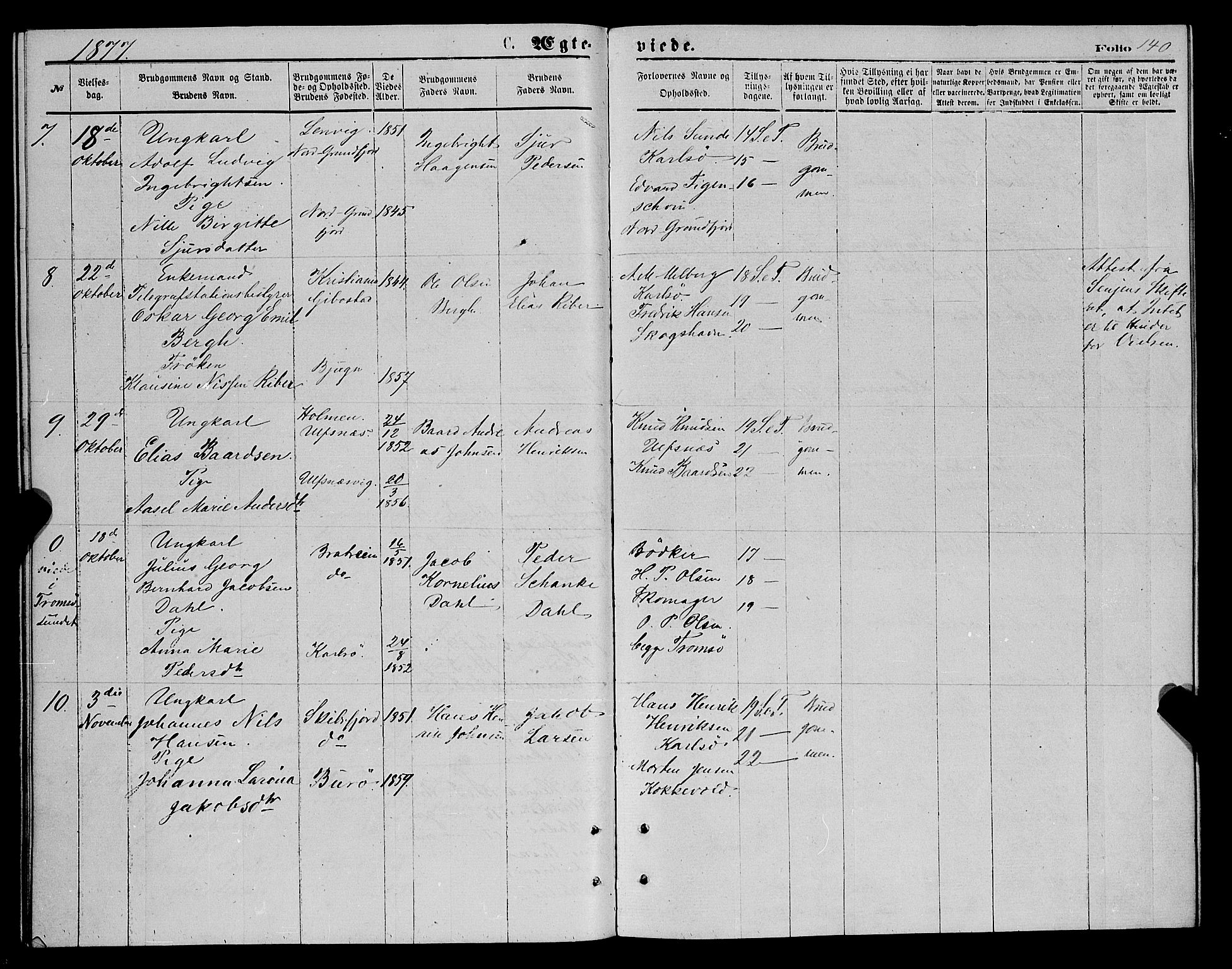 Karlsøy sokneprestembete, AV/SATØ-S-1299/H/Ha/Haa/L0005kirke: Parish register (official) no. 5, 1872-1878, p. 140