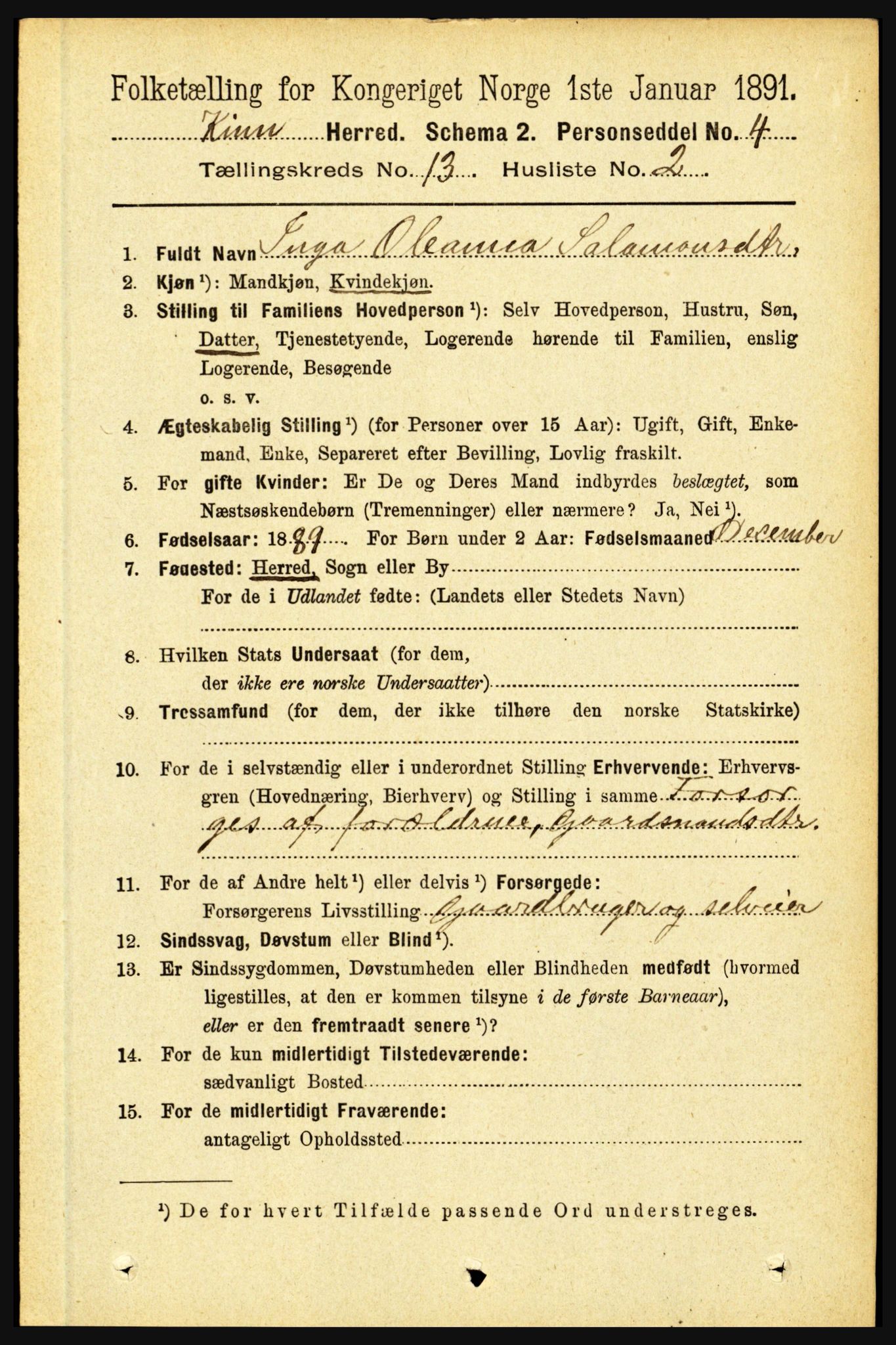 RA, 1891 census for 1437 Kinn, 1891, p. 5060