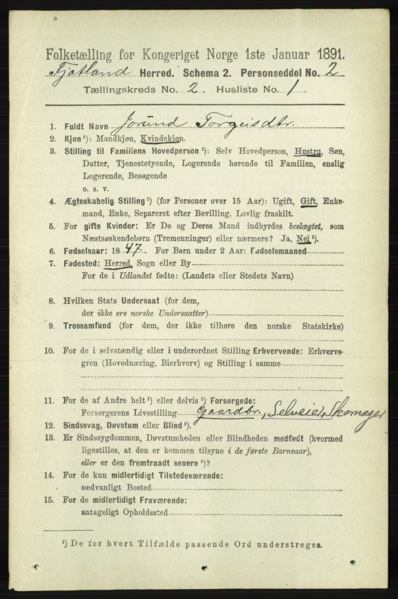 RA, 1891 census for 1036 Fjotland, 1891, p. 237